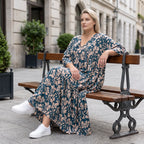 Damen Kleid Avantgarde Viskose Petrol/Rose, A-Linie, 3/4-Arm, V-Ausschnitt, Oversize große Größen – AKH Fashion