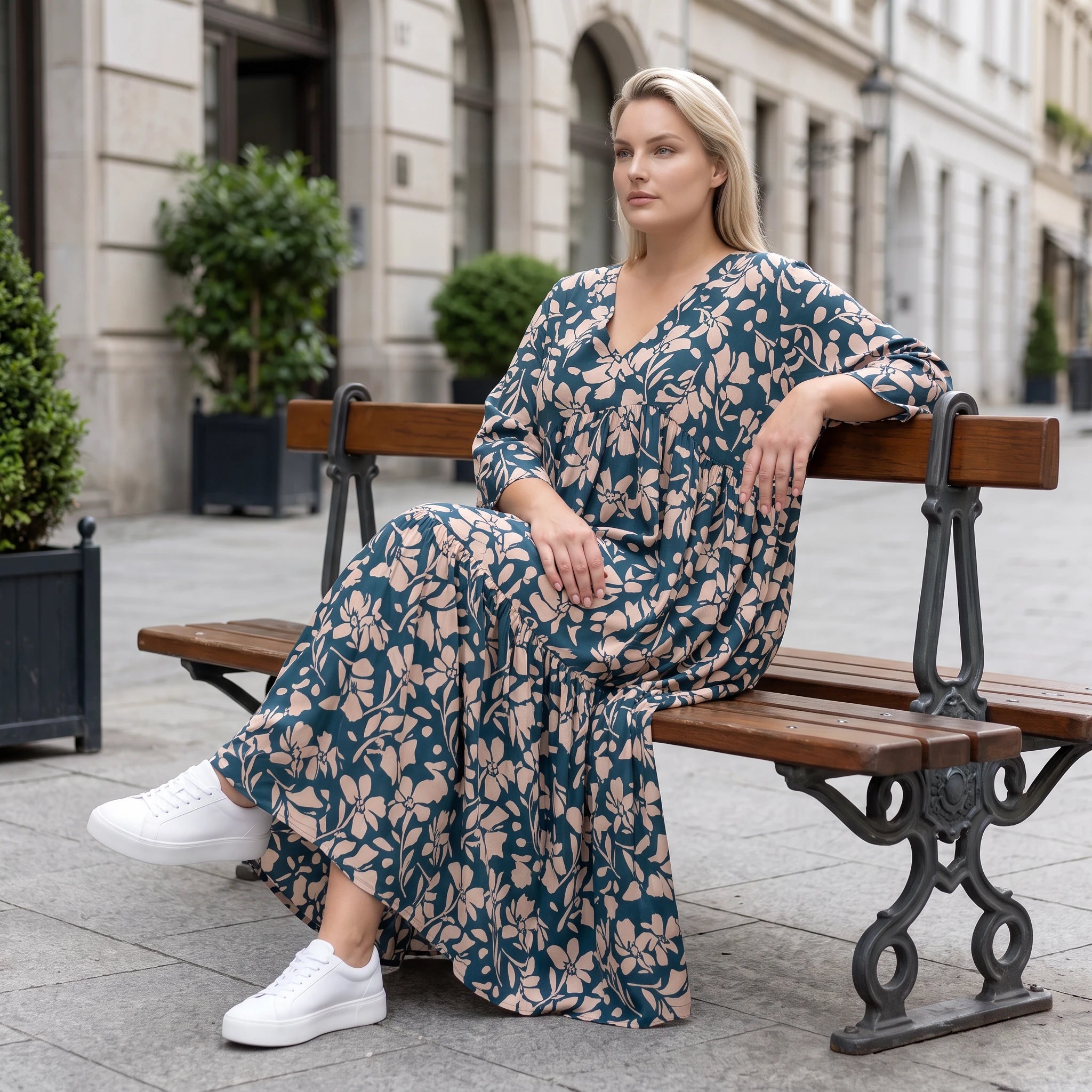 Damen Kleid Avantgarde Viskose Petrol/Rose, A-Linie, 3/4-Arm, V-Ausschnitt, Oversize große Größen – AKH Fashion