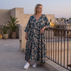 Damen Kleid Avantgarde Viskose Petrol/Rose, A-Linie, 3/4-Arm, V-Ausschnitt, Oversize große Größen – AKH Fashion
