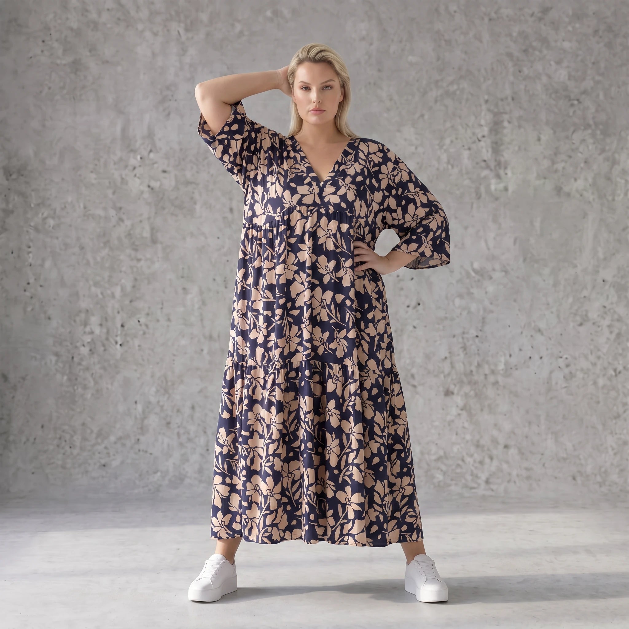 Damen Kleid Avantgarde Viskose Marine/Rose, A-Linie, V-Ausschnitt, Oversize große Größen – AKH Fashion