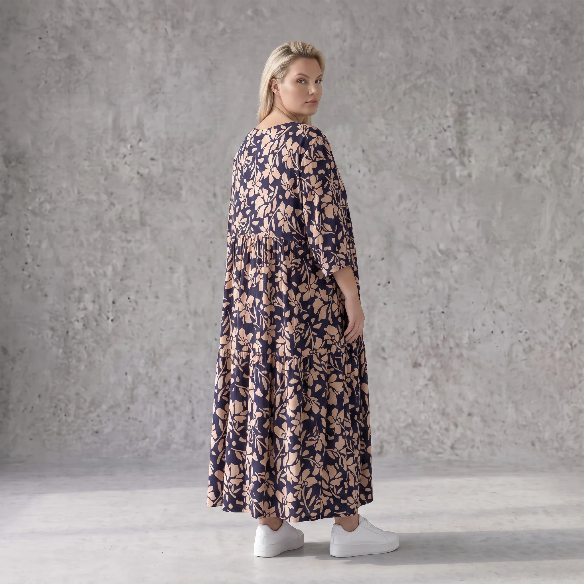 Damen Kleid Avantgarde Viskose Marine/Rose, A-Linie, V-Ausschnitt, Oversize große Größen – AKH Fashion