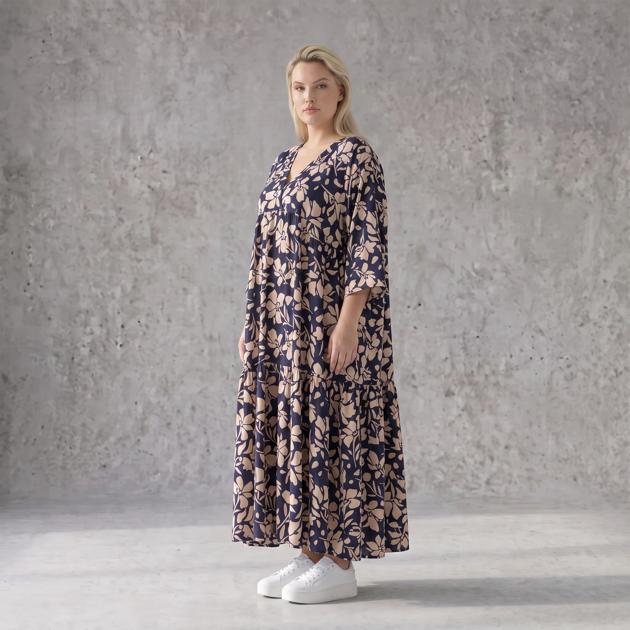 Damen Kleid Avantgarde Viskose Marine/Rose, A-Linie, V-Ausschnitt, Oversize große Größen – AKH Fashion