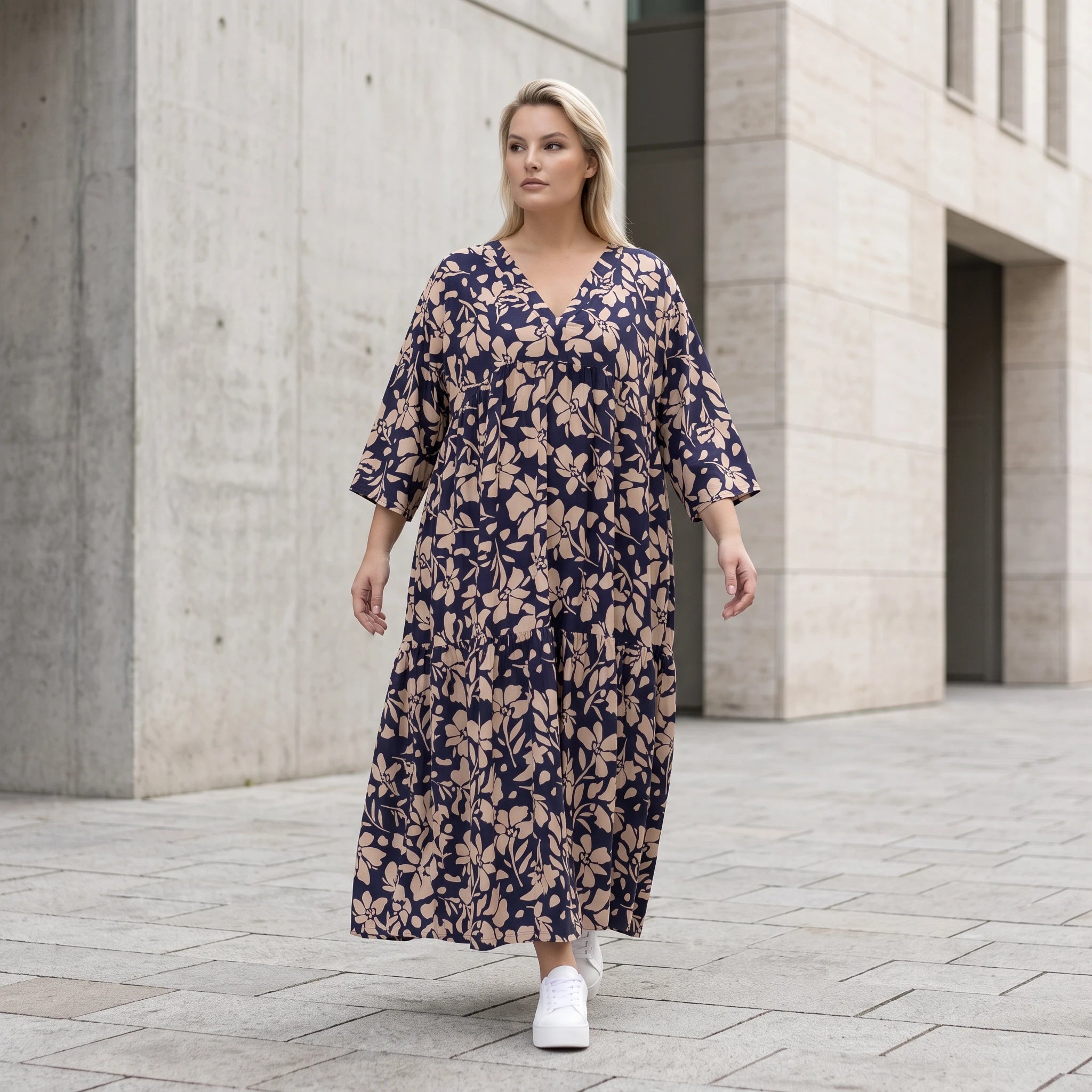 Damen Kleid Avantgarde Viskose Marine/Rose, A-Linie, V-Ausschnitt, Oversize große Größen – AKH Fashion