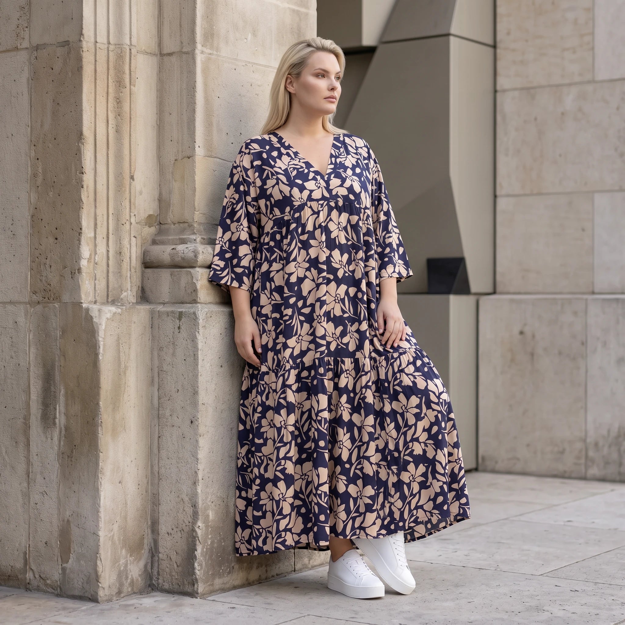 Damen Kleid Avantgarde Viskose Marine/Rose, A-Linie, V-Ausschnitt, Oversize große Größen – AKH Fashion