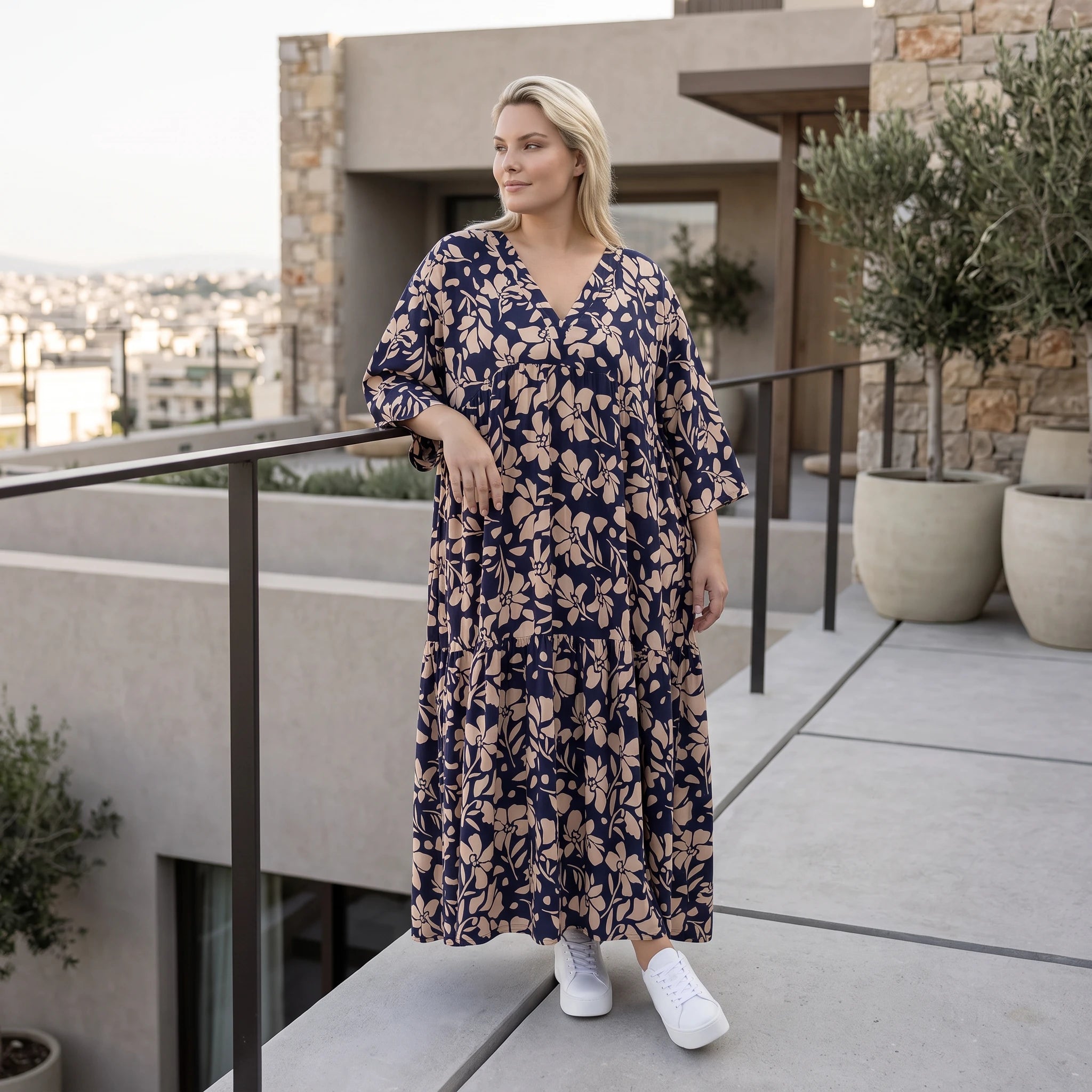 Damen Kleid Avantgarde Viskose Marine/Rose, A-Linie, V-Ausschnitt, Oversize große Größen – AKH Fashion
