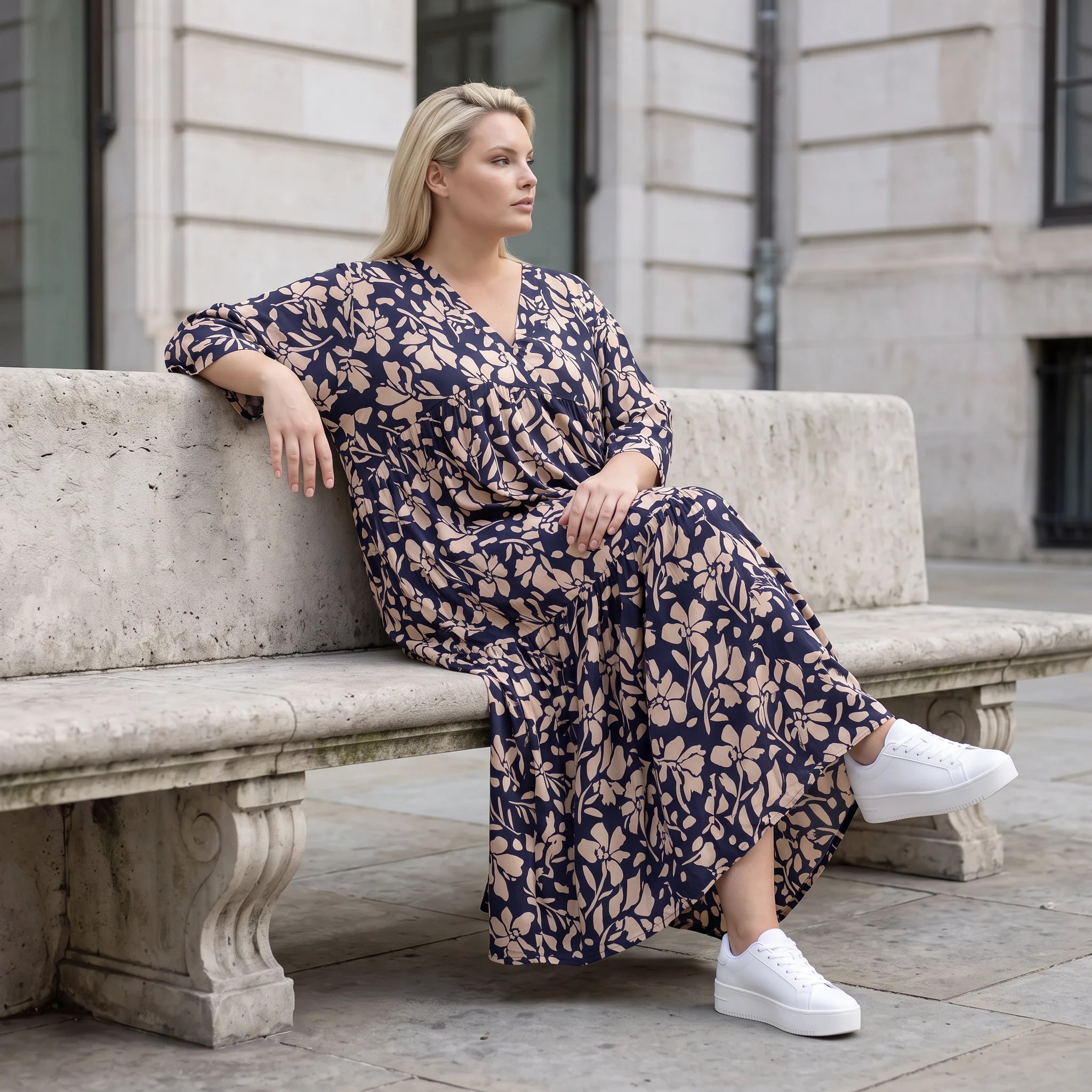 Damen Kleid Avantgarde Viskose Marine/Rose, A-Linie, V-Ausschnitt, Oversize große Größen – AKH Fashion