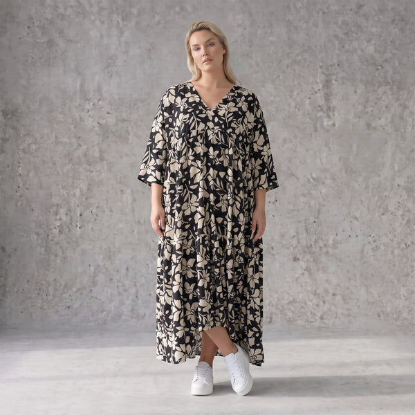 Damen Kleid Avantgarde Viskose Schwarz/Ecru, A-Linie, V-Ausschnitt, Oversize große Größen – AKH Fashion