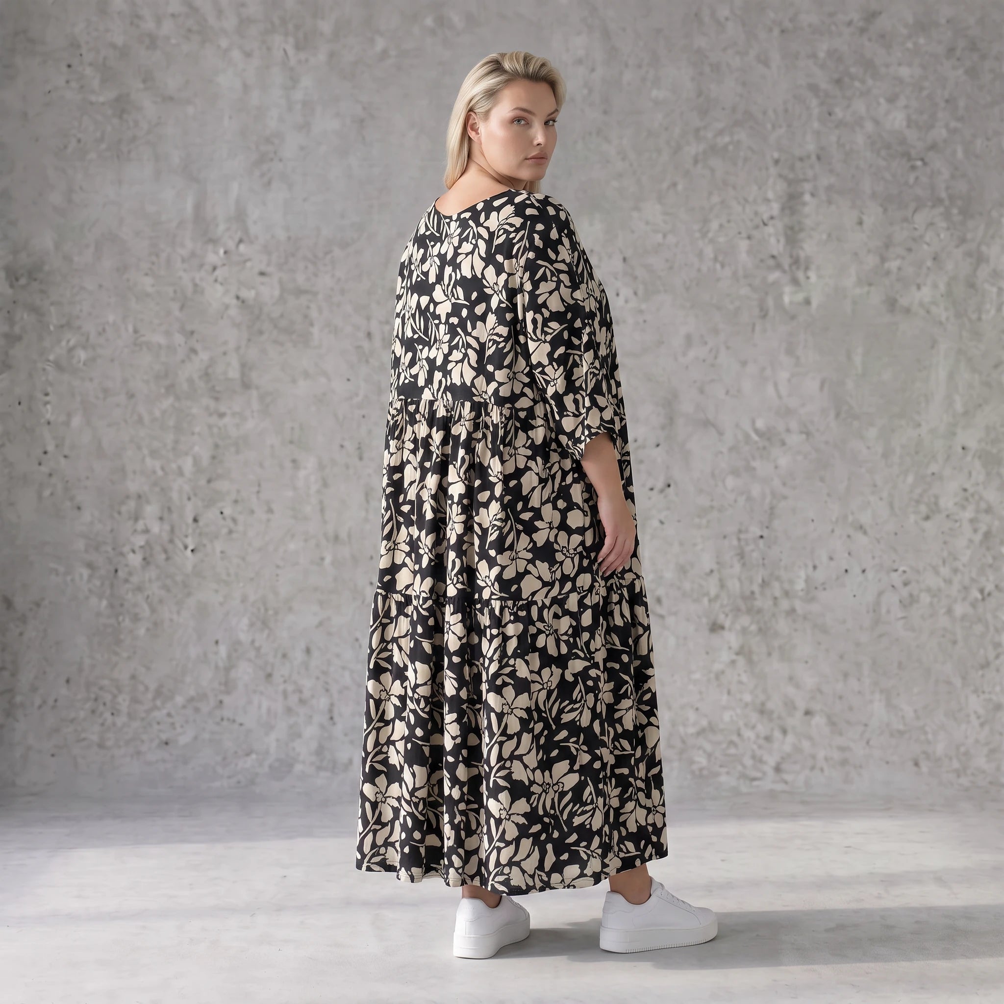 Damen Kleid Avantgarde Viskose Schwarz/Ecru, A-Linie, V-Ausschnitt, Oversize große Größen – AKH Fashion