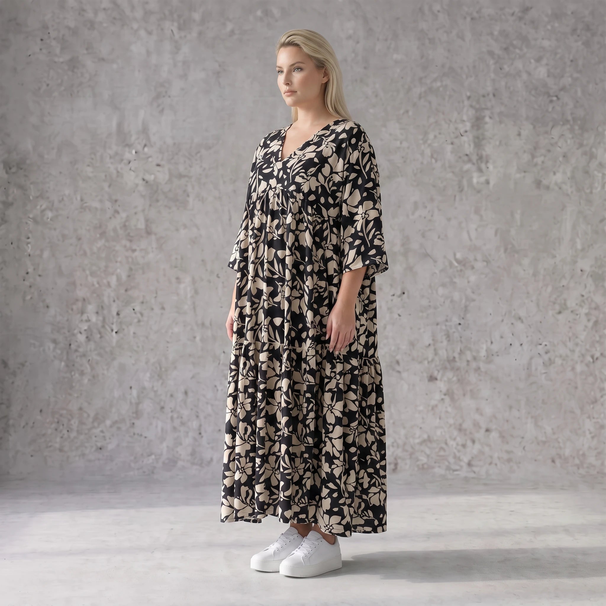 Damen Kleid Avantgarde Viskose Schwarz/Ecru, A-Linie, V-Ausschnitt, Oversize große Größen – AKH Fashion