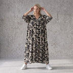 Damen Kleid Avantgarde Viskose Schwarz/Ecru, A-Linie, V-Ausschnitt, Oversize große Größen – AKH Fashion