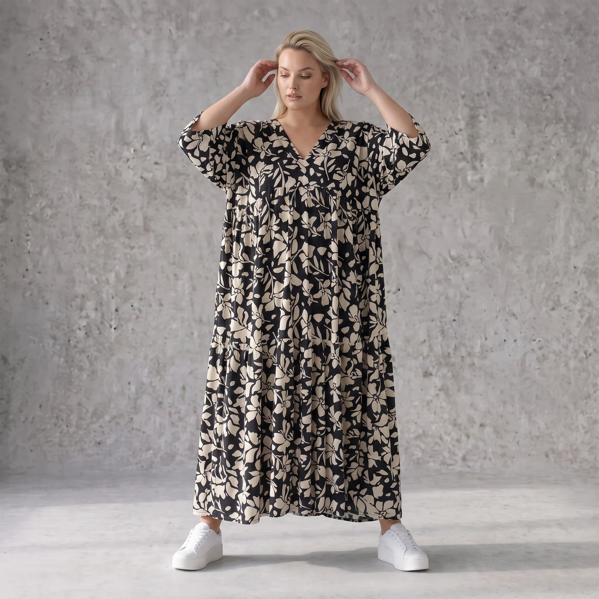 Damen Kleid Avantgarde Viskose Schwarz/Ecru, A-Linie, V-Ausschnitt, Oversize große Größen – AKH Fashion