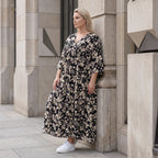 Damen Kleid Avantgarde Viskose Schwarz/Ecru, A-Linie, V-Ausschnitt, Oversize große Größen – AKH Fashion