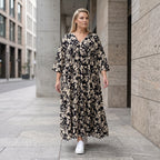 Damen Kleid Avantgarde Viskose Schwarz/Ecru, A-Linie, V-Ausschnitt, Oversize große Größen – AKH Fashion
