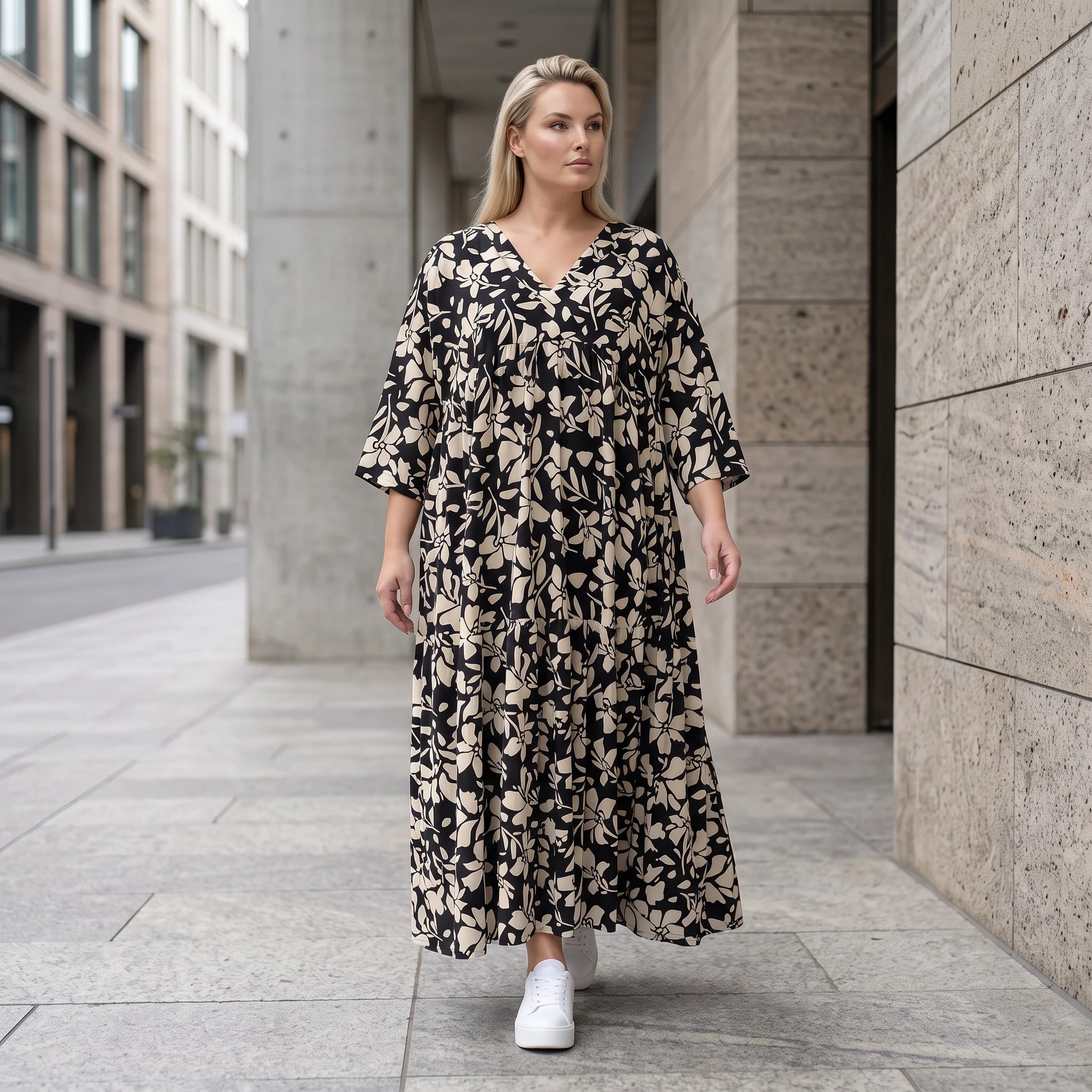 Damen Kleid Avantgarde Viskose Schwarz/Ecru, A-Linie, V-Ausschnitt, Oversize große Größen – AKH Fashion