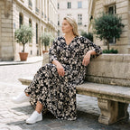 Damen Kleid Avantgarde Viskose Schwarz/Ecru, A-Linie, V-Ausschnitt, Oversize große Größen – AKH Fashion