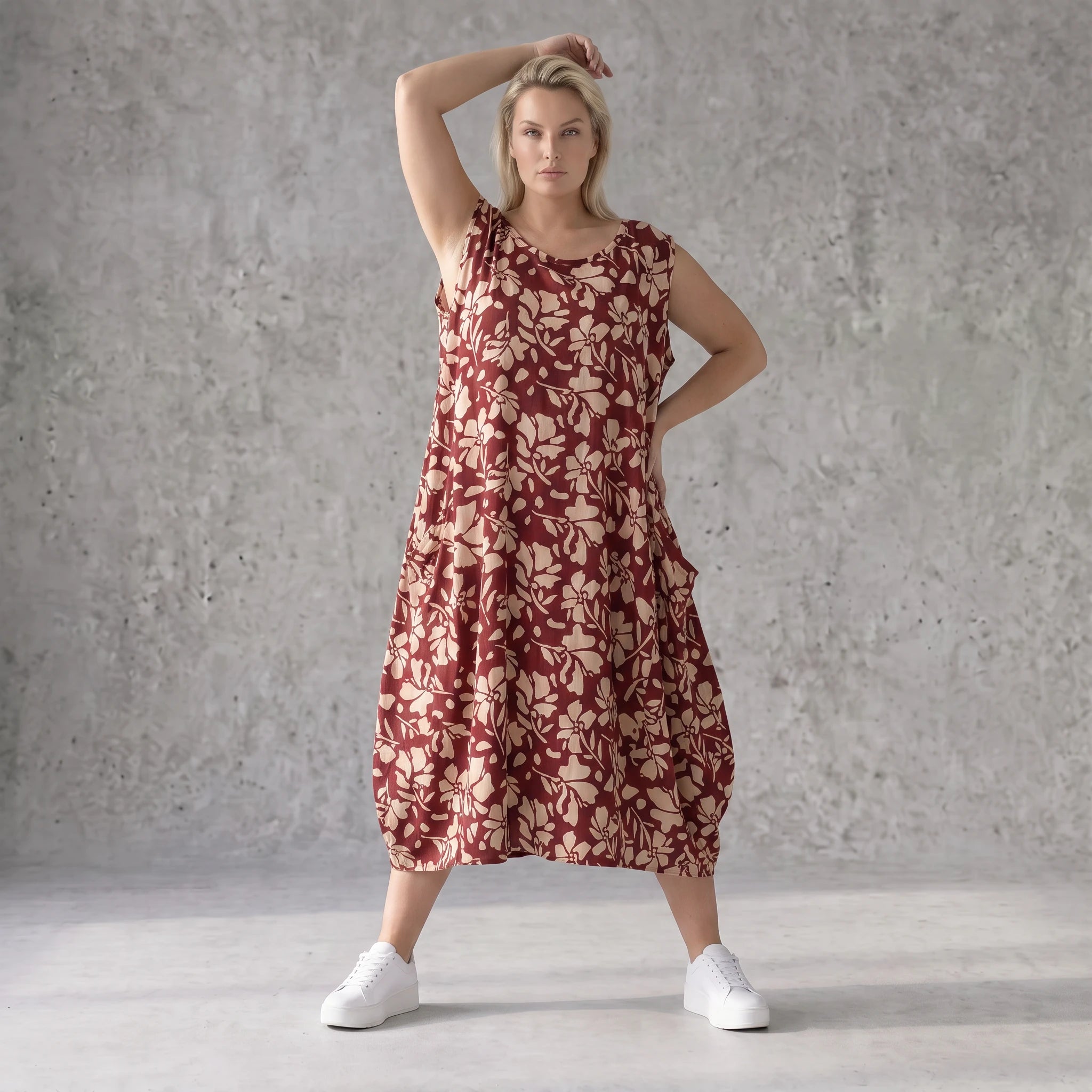 Damen Kleid Avantgarde Viskose Weinrot/Rose, Ballonschnitt, ärmellos, Flügeltaschen, Oversize große Größen – AKH Fashion
