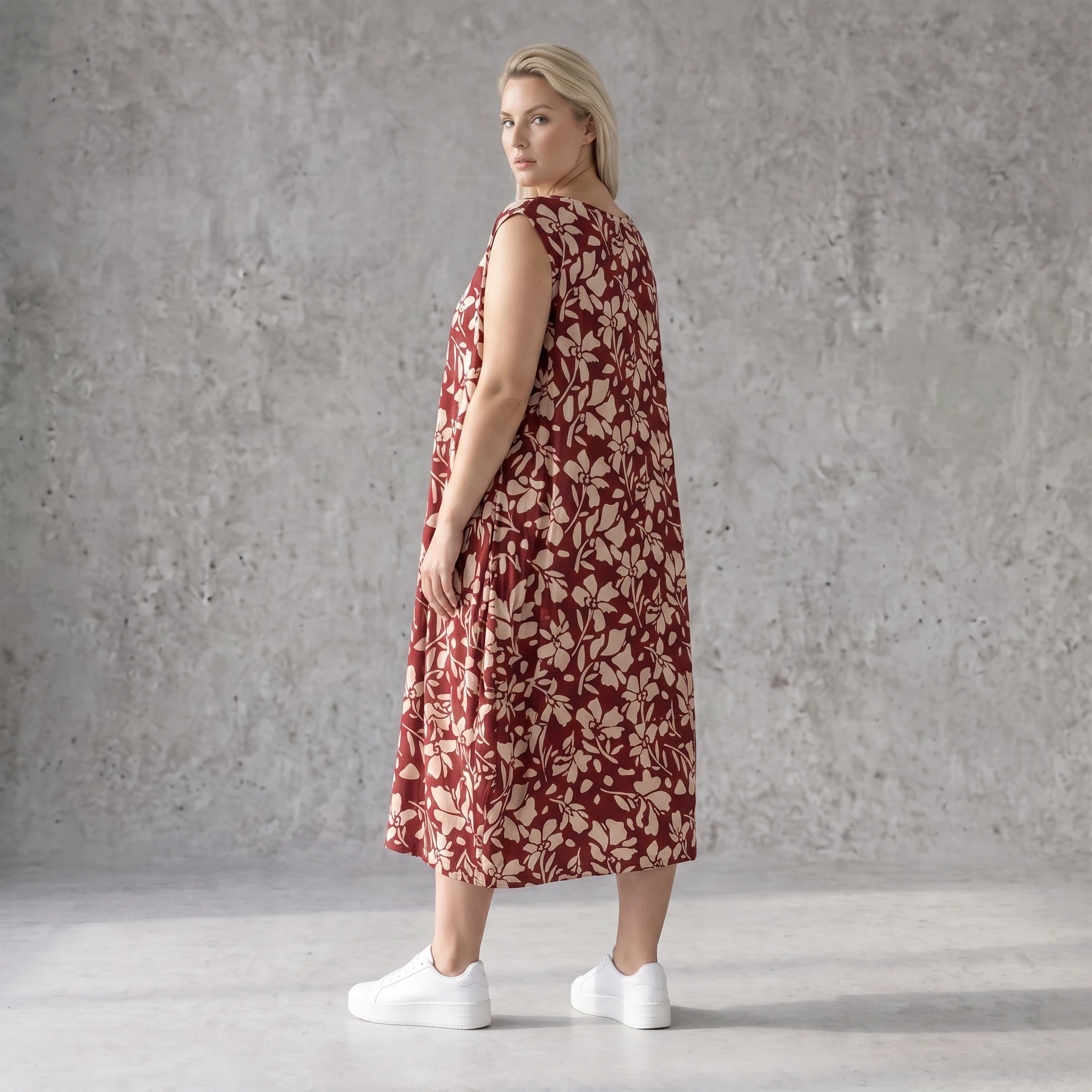 Damen Kleid Avantgarde Viskose Weinrot/Rose, Ballonschnitt, ärmellos, Flügeltaschen, Oversize große Größen – AKH Fashion