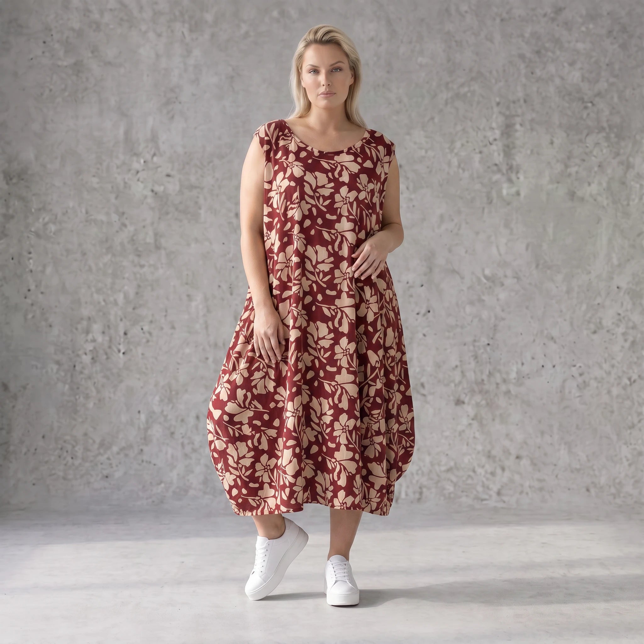 Damen Kleid Avantgarde Viskose Weinrot/Rose, Ballonschnitt, ärmellos, Flügeltaschen, Oversize große Größen – AKH Fashion