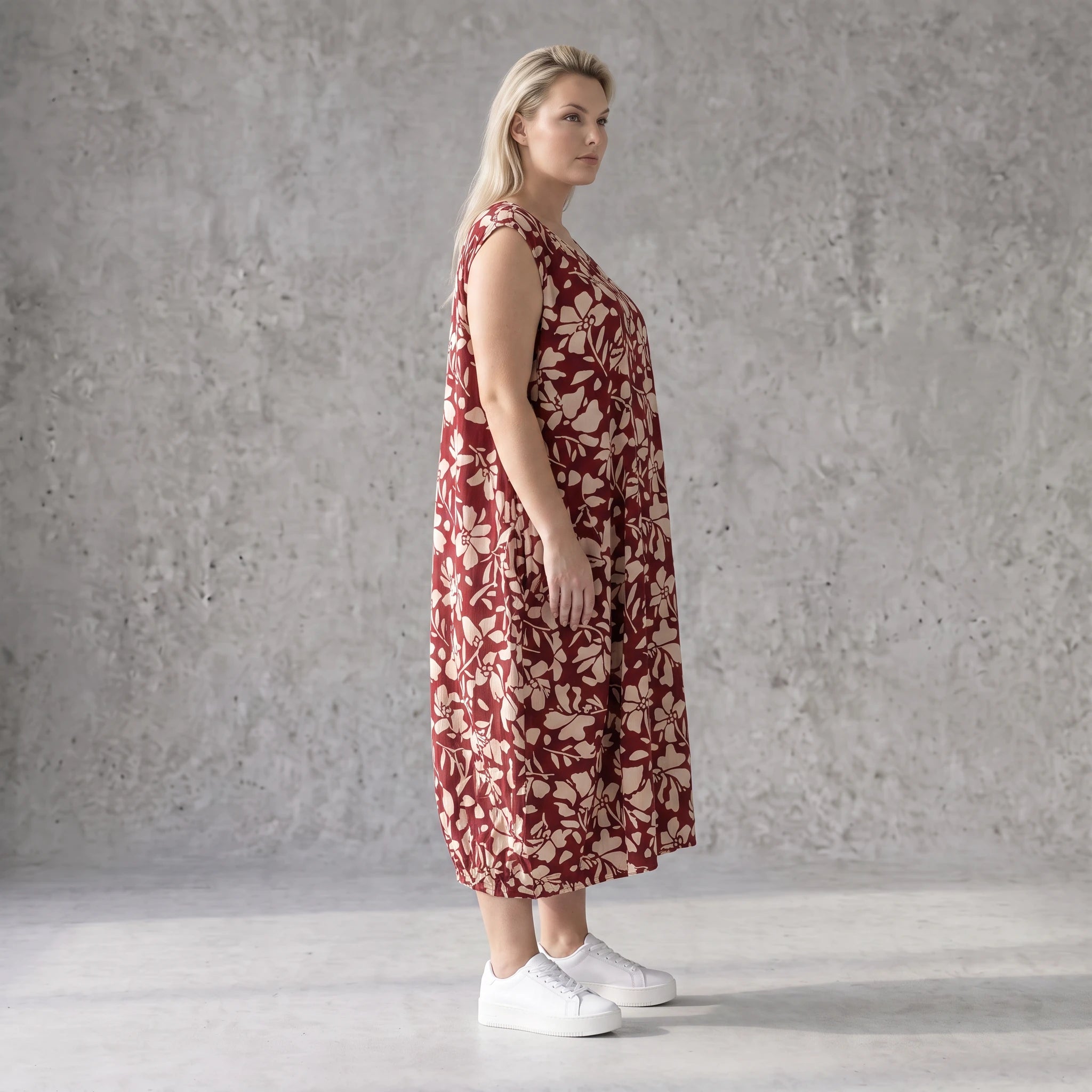 Damen Kleid Avantgarde Viskose Weinrot/Rose, Ballonschnitt, ärmellos, Flügeltaschen, Oversize große Größen – AKH Fashion
