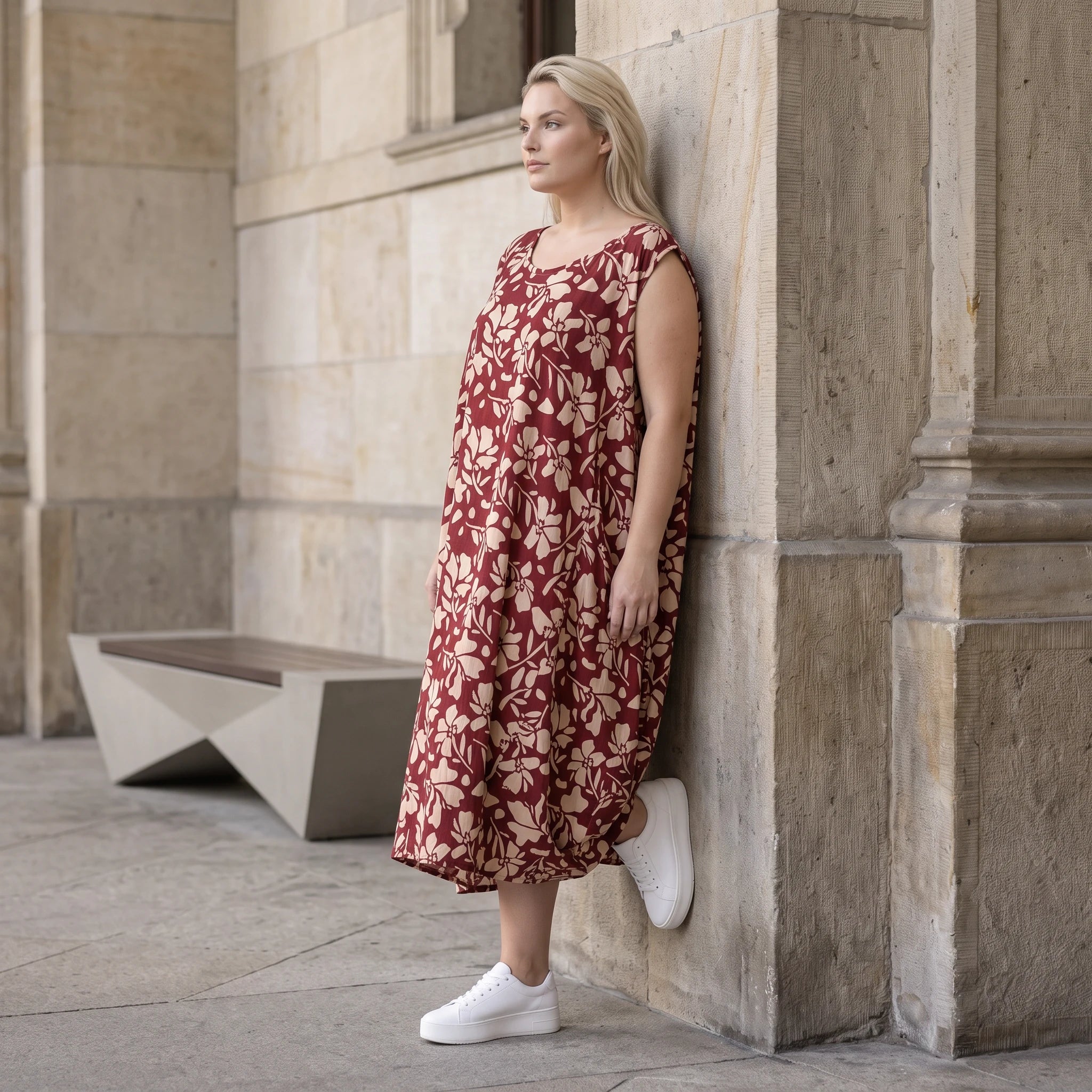 Damen Kleid Avantgarde Viskose Weinrot/Rose, Ballonschnitt, ärmellos, Flügeltaschen, Oversize große Größen – AKH Fashion