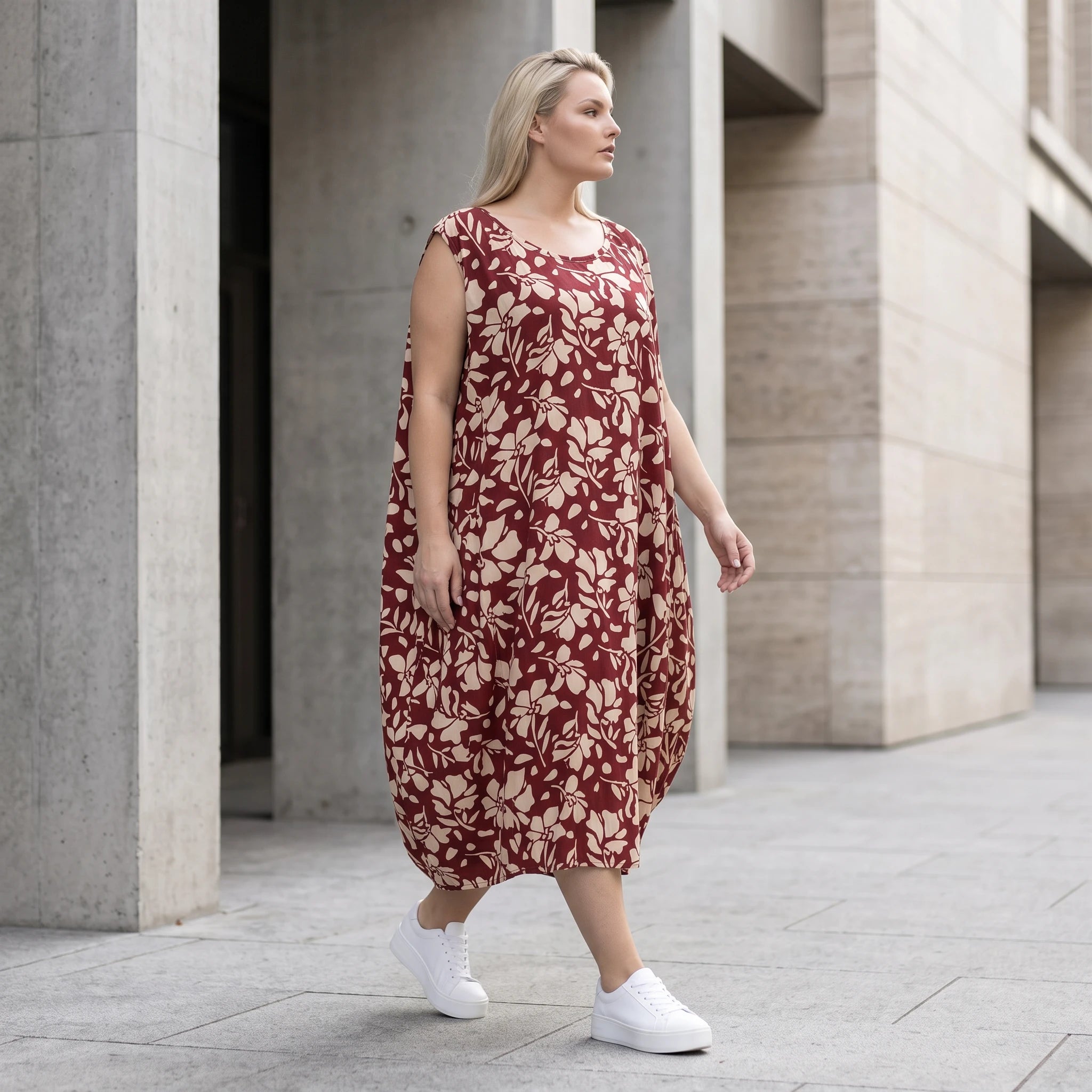 Damen Kleid Avantgarde Viskose Weinrot/Rose, Ballonschnitt, ärmellos, Flügeltaschen, Oversize große Größen – AKH Fashion