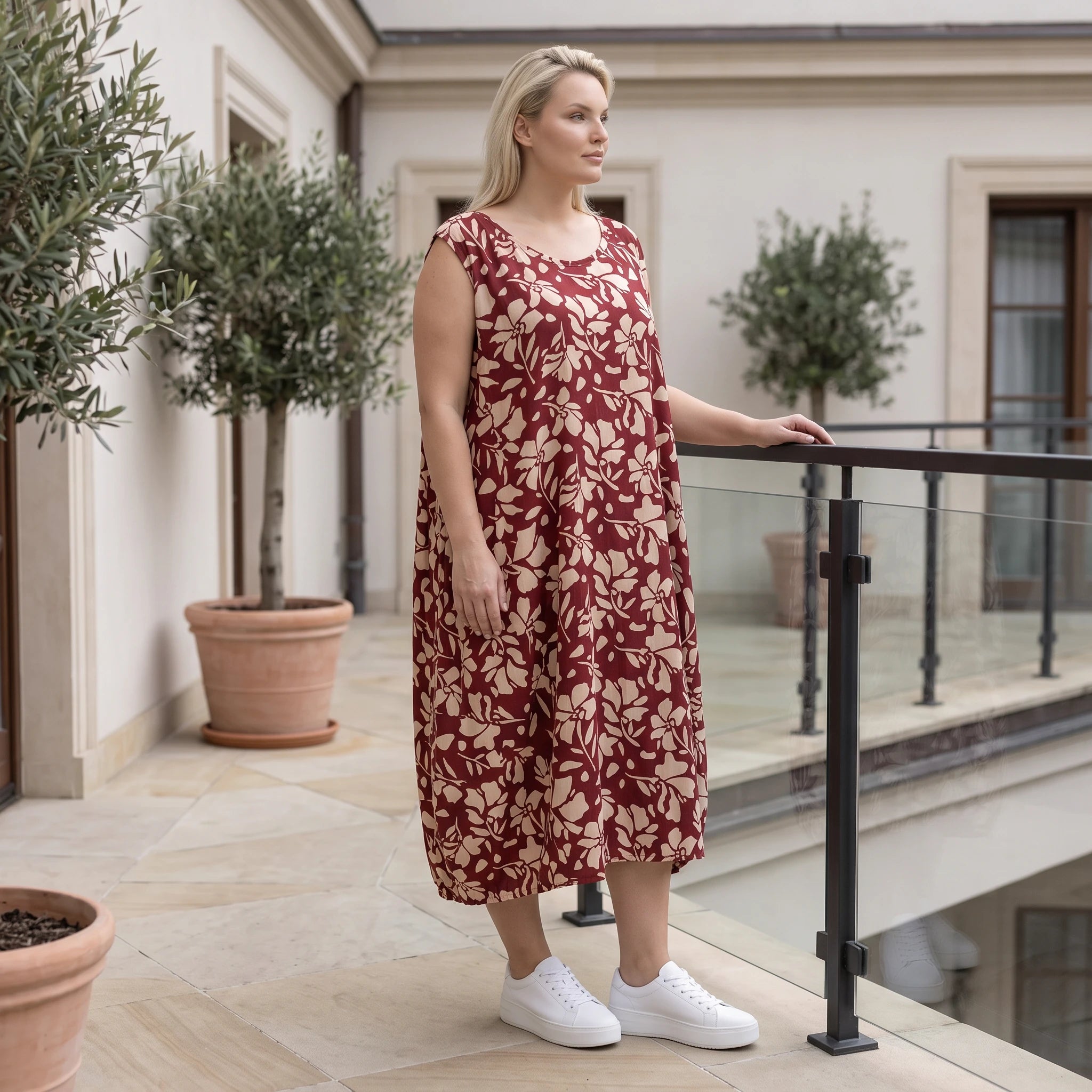 Damen Kleid Avantgarde Viskose Weinrot/Rose, Ballonschnitt, ärmellos, Flügeltaschen, Oversize große Größen – AKH Fashion
