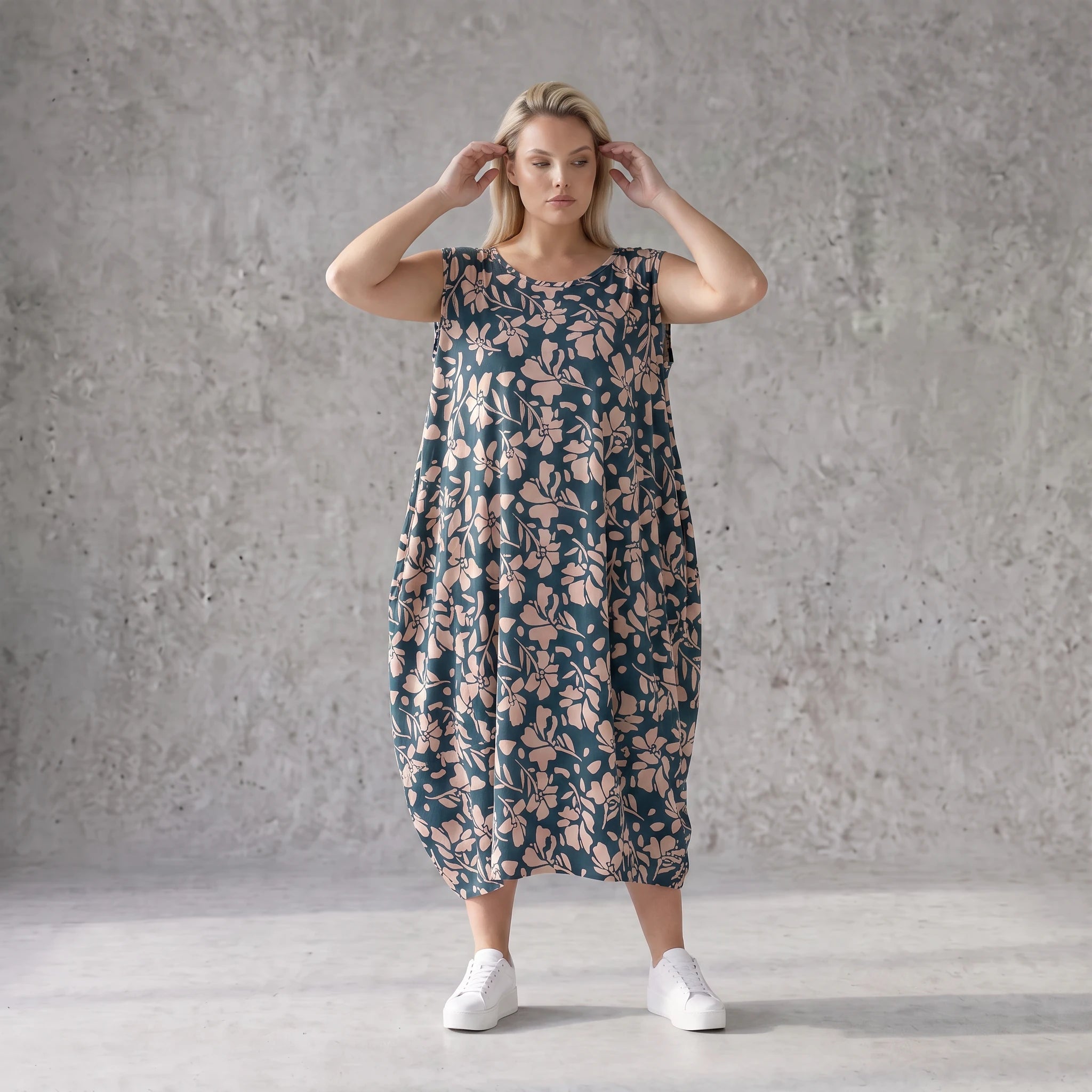 Damen Kleid Avantgarde Viskose Petrol/Rose, Ballonschnitt, ärmellos, Flügeltaschen, Oversize große Größen – AKH Fashion