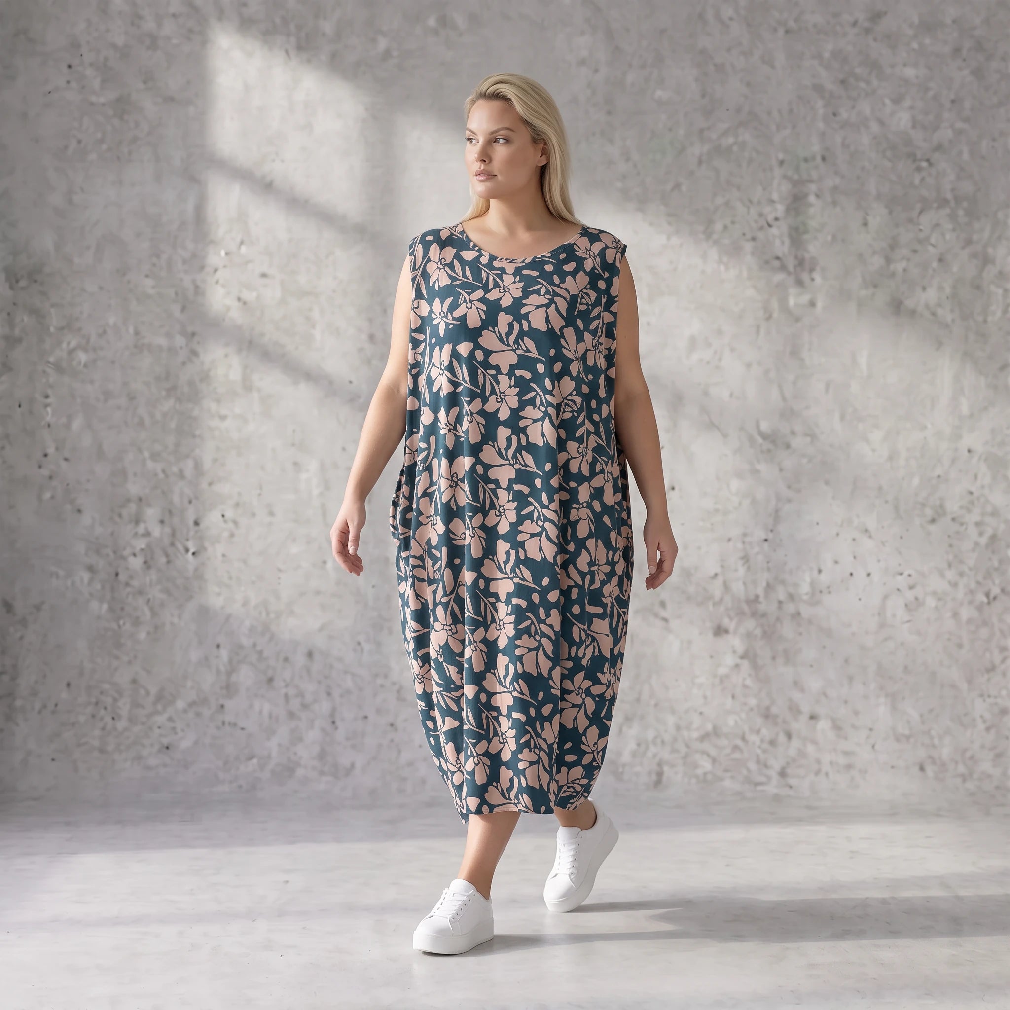 Damen Kleid Avantgarde Viskose Petrol/Rose, Ballonschnitt, ärmellos, Flügeltaschen, Oversize große Größen – AKH Fashion