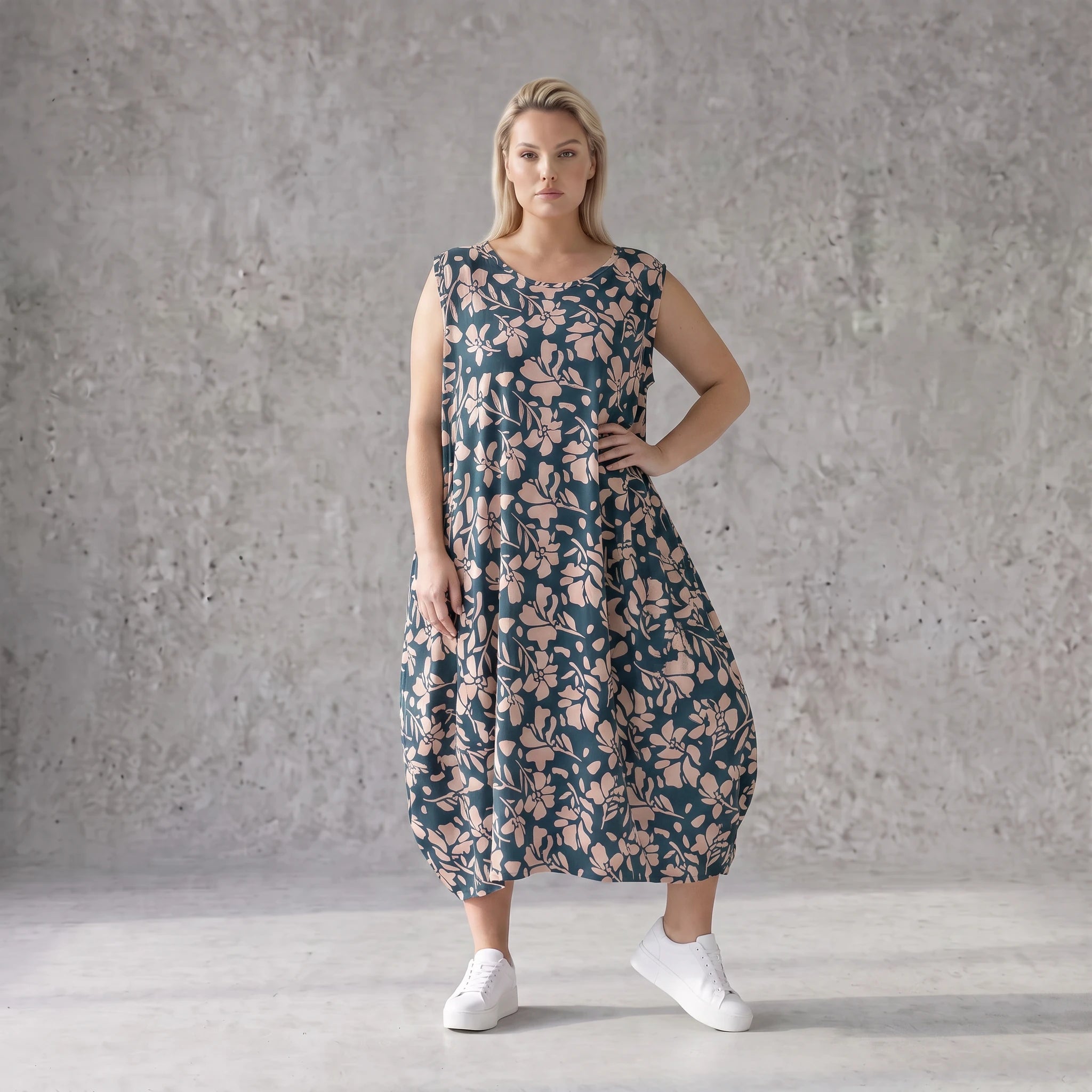 Damen Kleid Avantgarde Viskose Petrol/Rose, Ballonschnitt, ärmellos, Flügeltaschen, Oversize große Größen – AKH Fashion