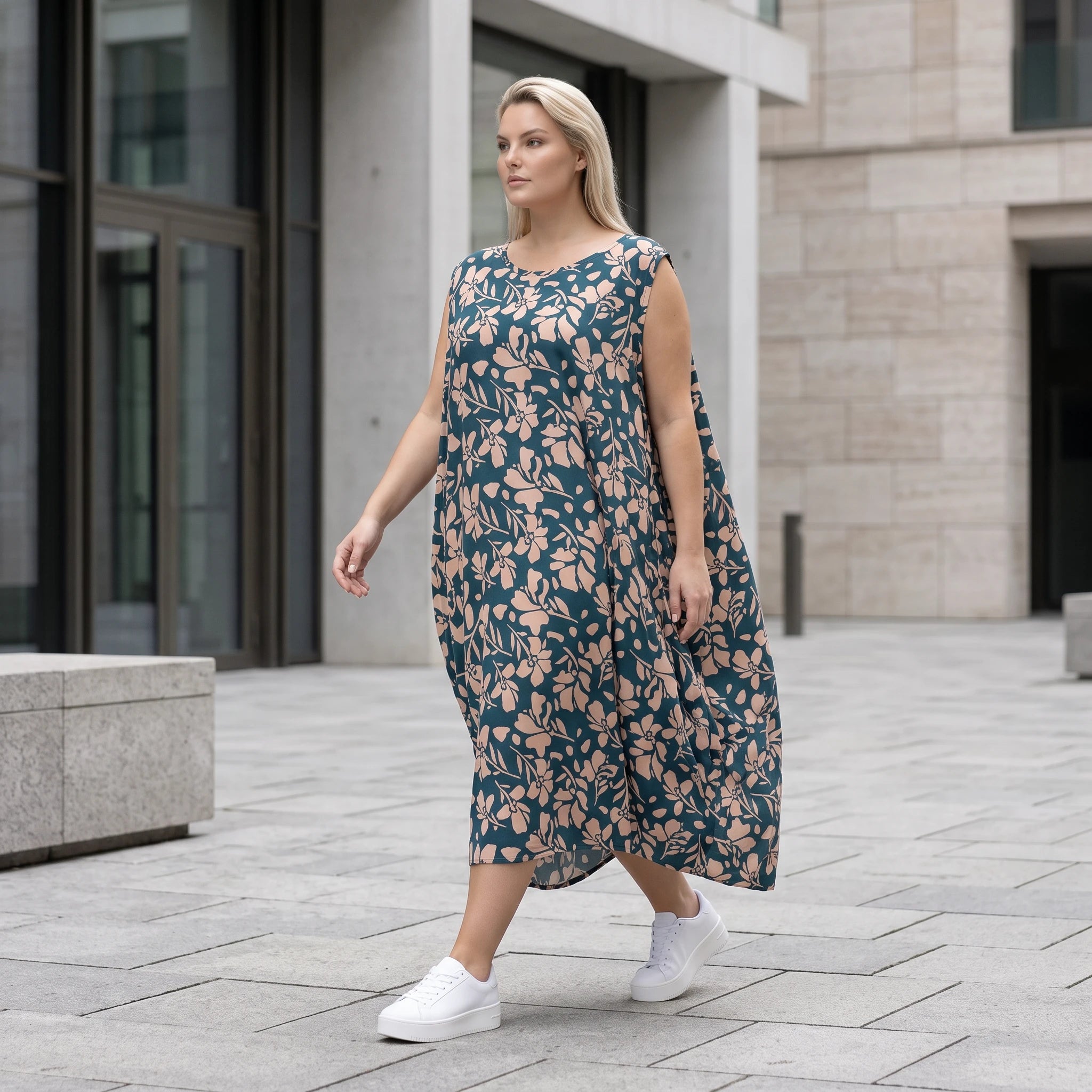 Damen Kleid Avantgarde Viskose Petrol/Rose, Ballonschnitt, ärmellos, Flügeltaschen, Oversize große Größen – AKH Fashion