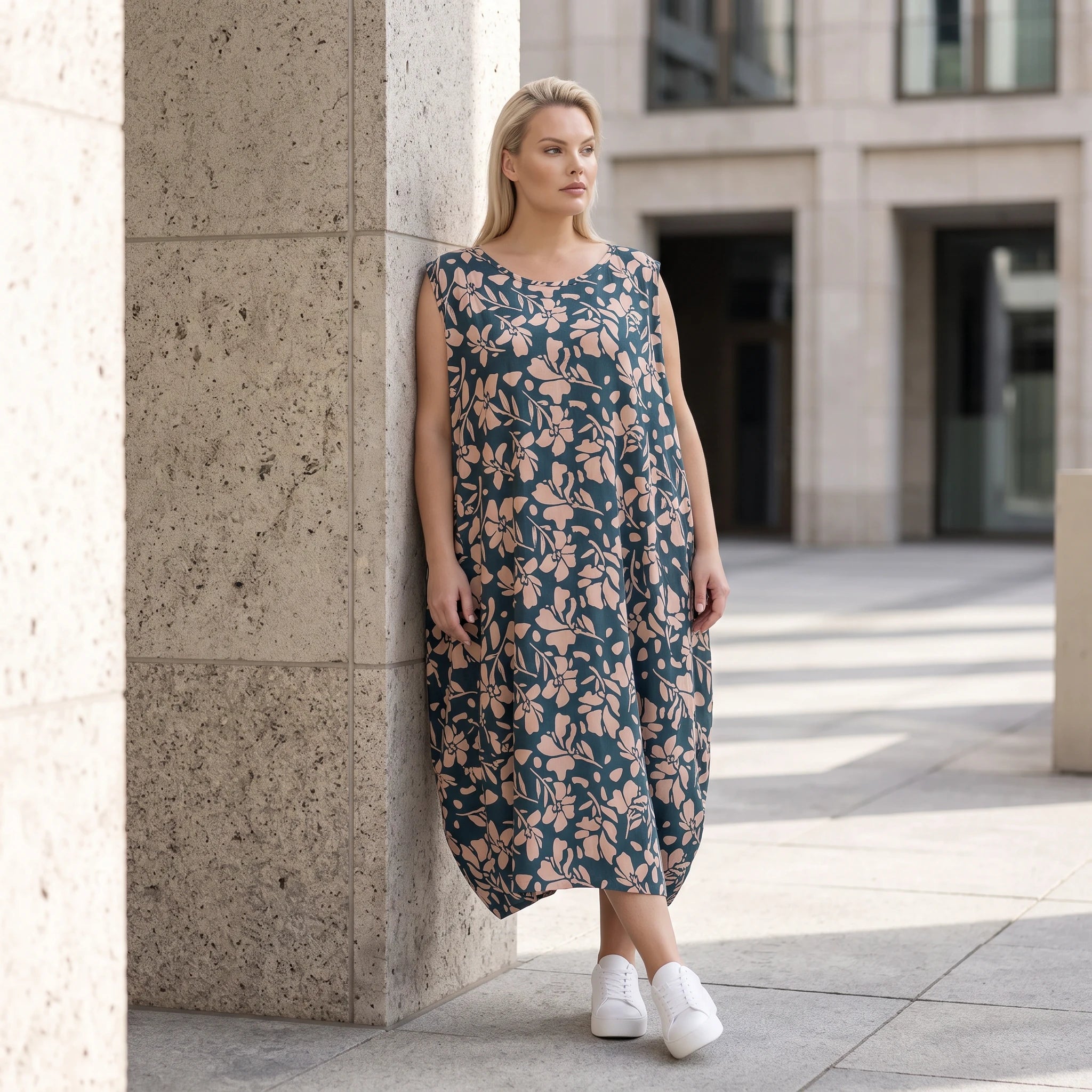 Damen Kleid Avantgarde Viskose Petrol/Rose, Ballonschnitt, ärmellos, Flügeltaschen, Oversize große Größen – AKH Fashion
