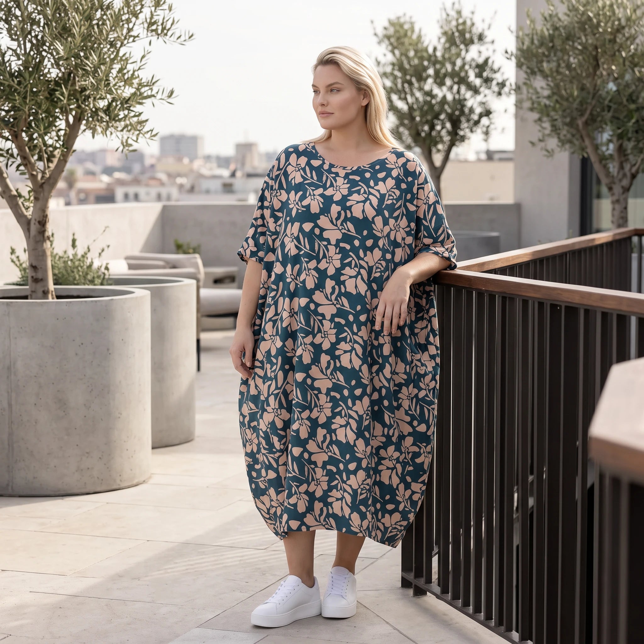 Damen Kleid Avantgarde Viskose Petrol/Rose, Ballonschnitt, ärmellos, Flügeltaschen, Oversize große Größen – AKH Fashion