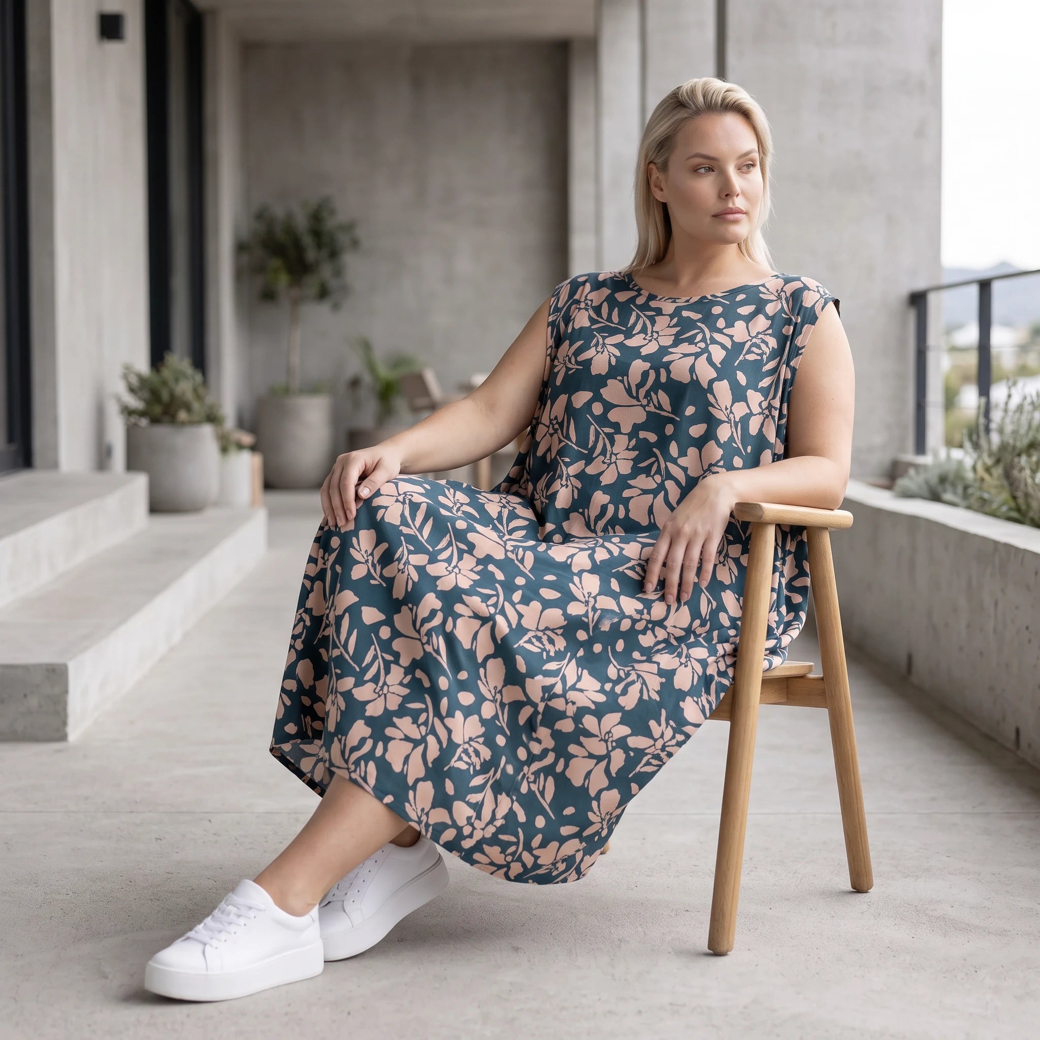 Damen Kleid Avantgarde Viskose Petrol/Rose, Ballonschnitt, ärmellos, Flügeltaschen, Oversize große Größen – AKH Fashion