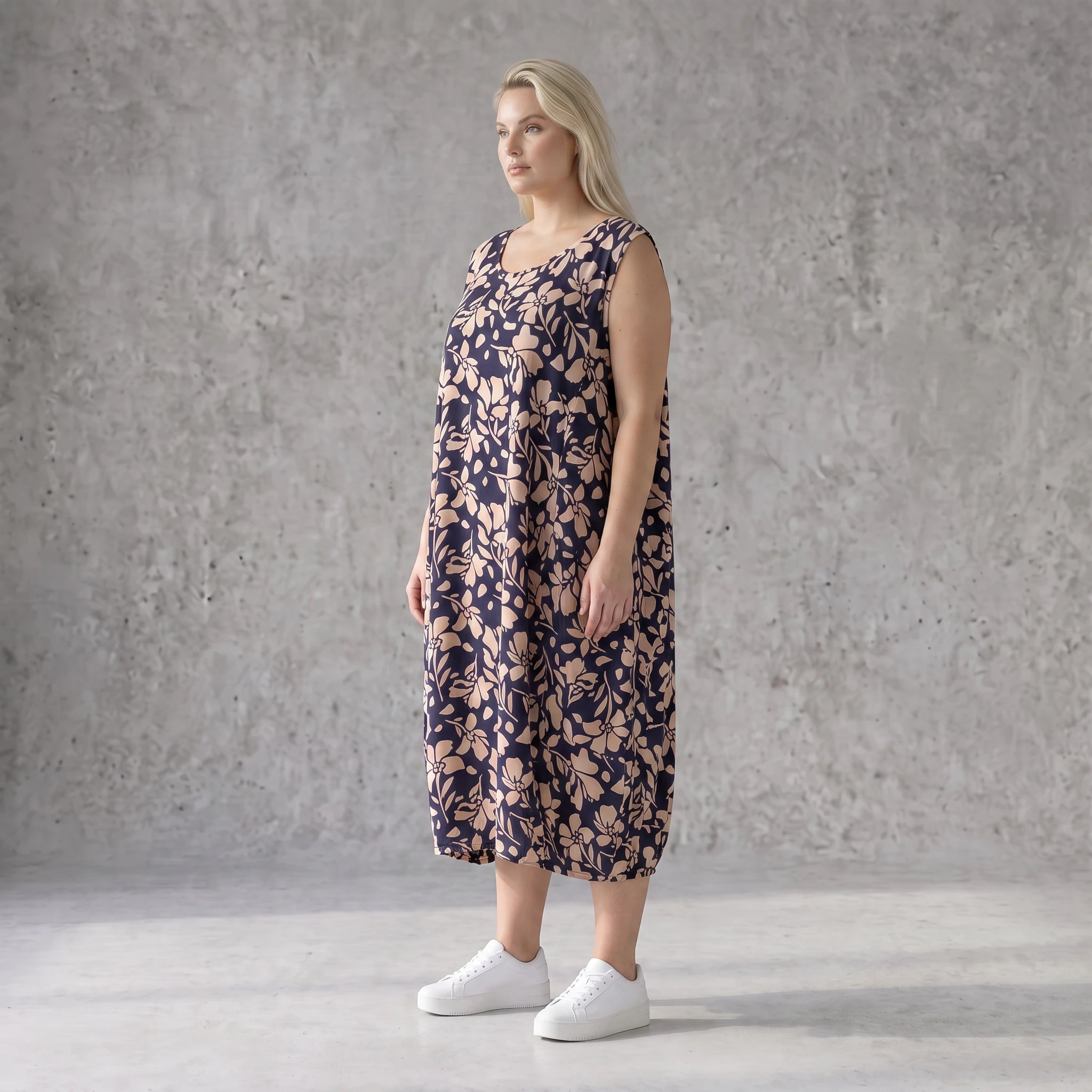 Damen Kleid Avantgarde Viskose Marine/Rose, Ballonschnitt, ärmellos, Flügeltaschen, Oversize große Größen – AKH Fashion