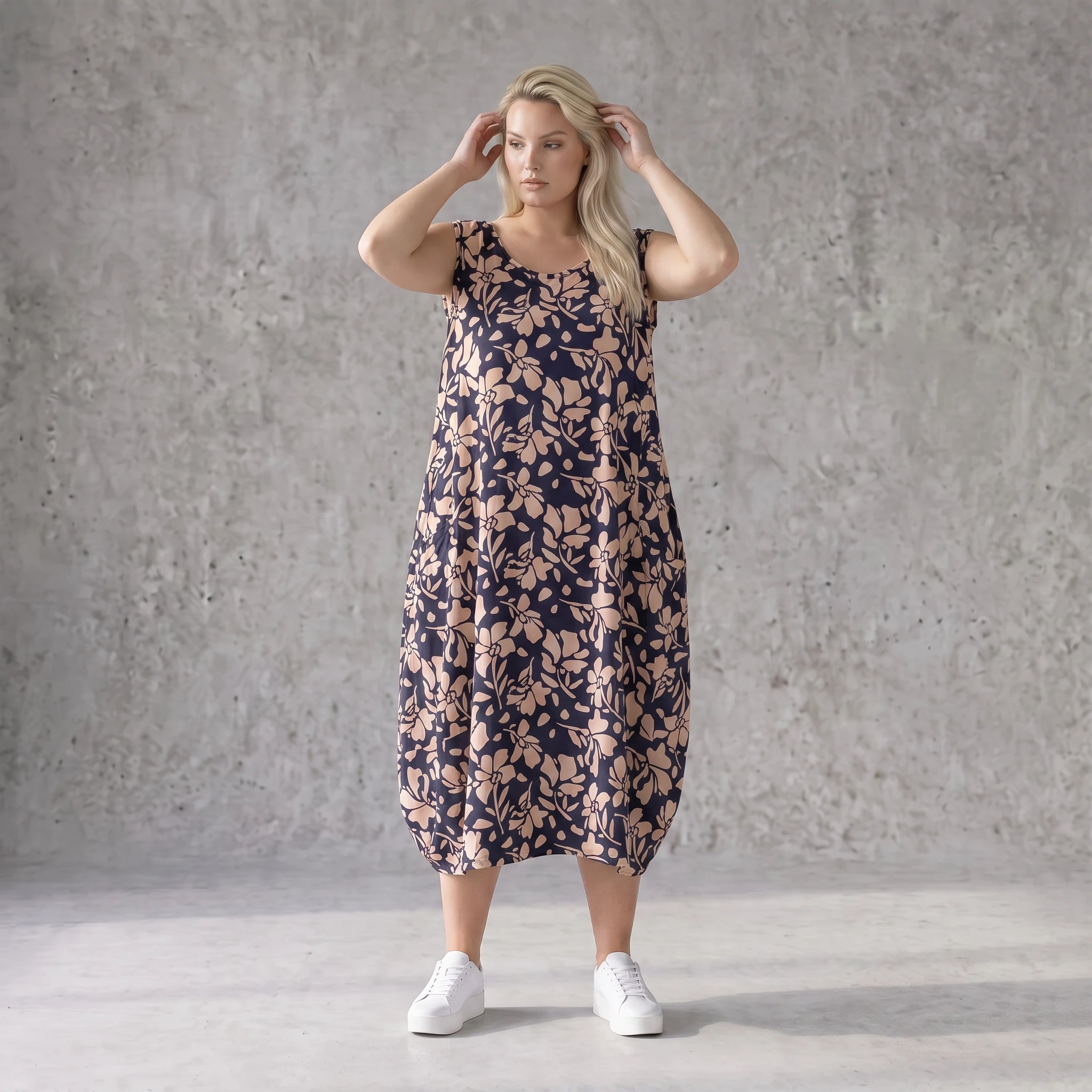 Damen Kleid Avantgarde Viskose Marine/Rose, Ballonschnitt, ärmellos, Flügeltaschen, Oversize große Größen – AKH Fashion