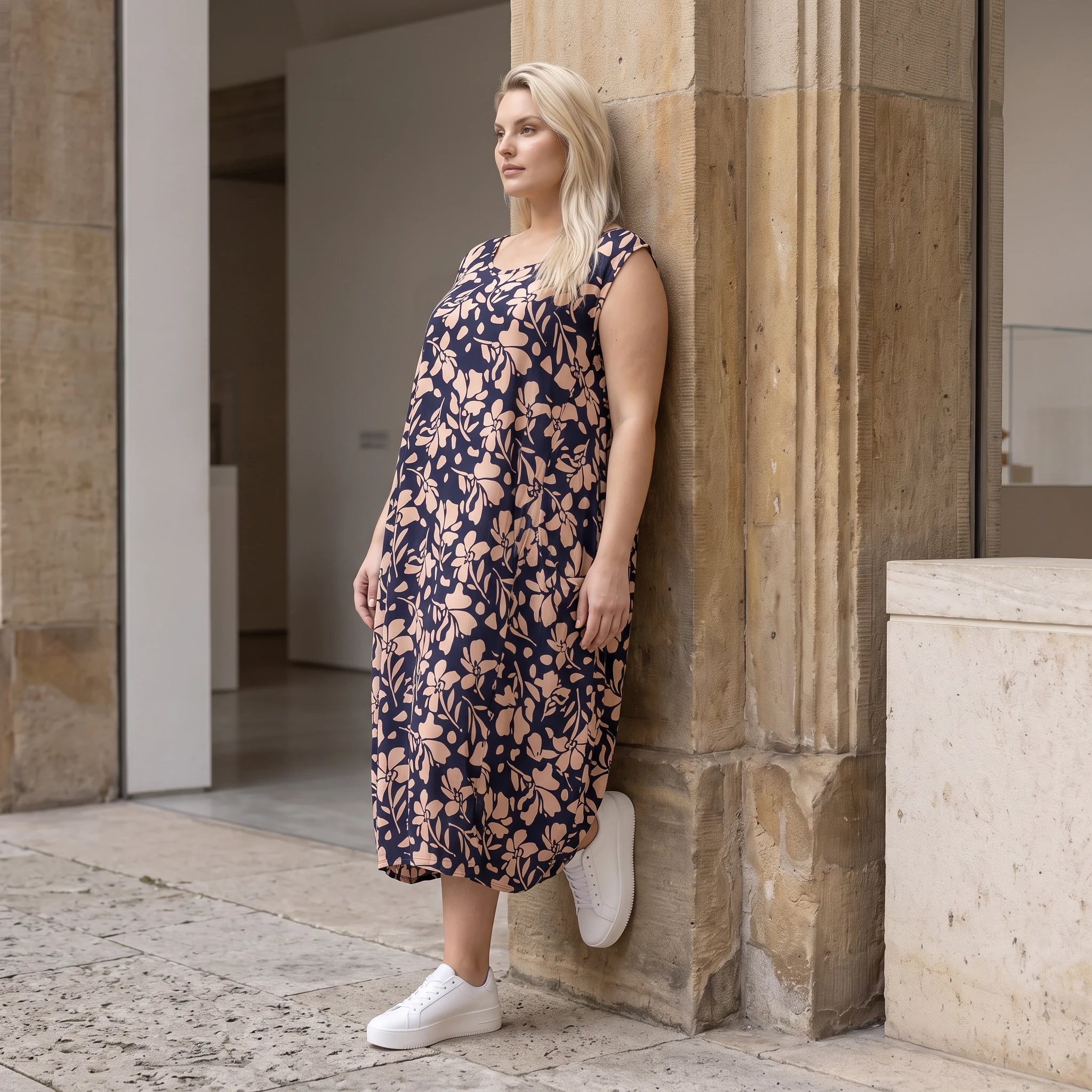 Damen Kleid Avantgarde Viskose Marine/Rose, Ballonschnitt, ärmellos, Flügeltaschen, Oversize große Größen – AKH Fashion