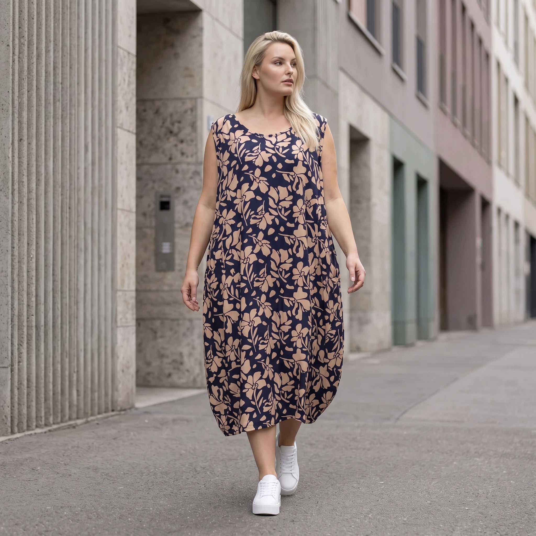 Damen Kleid Avantgarde Viskose Marine/Rose, Ballonschnitt, ärmellos, Flügeltaschen, Oversize große Größen – AKH Fashion