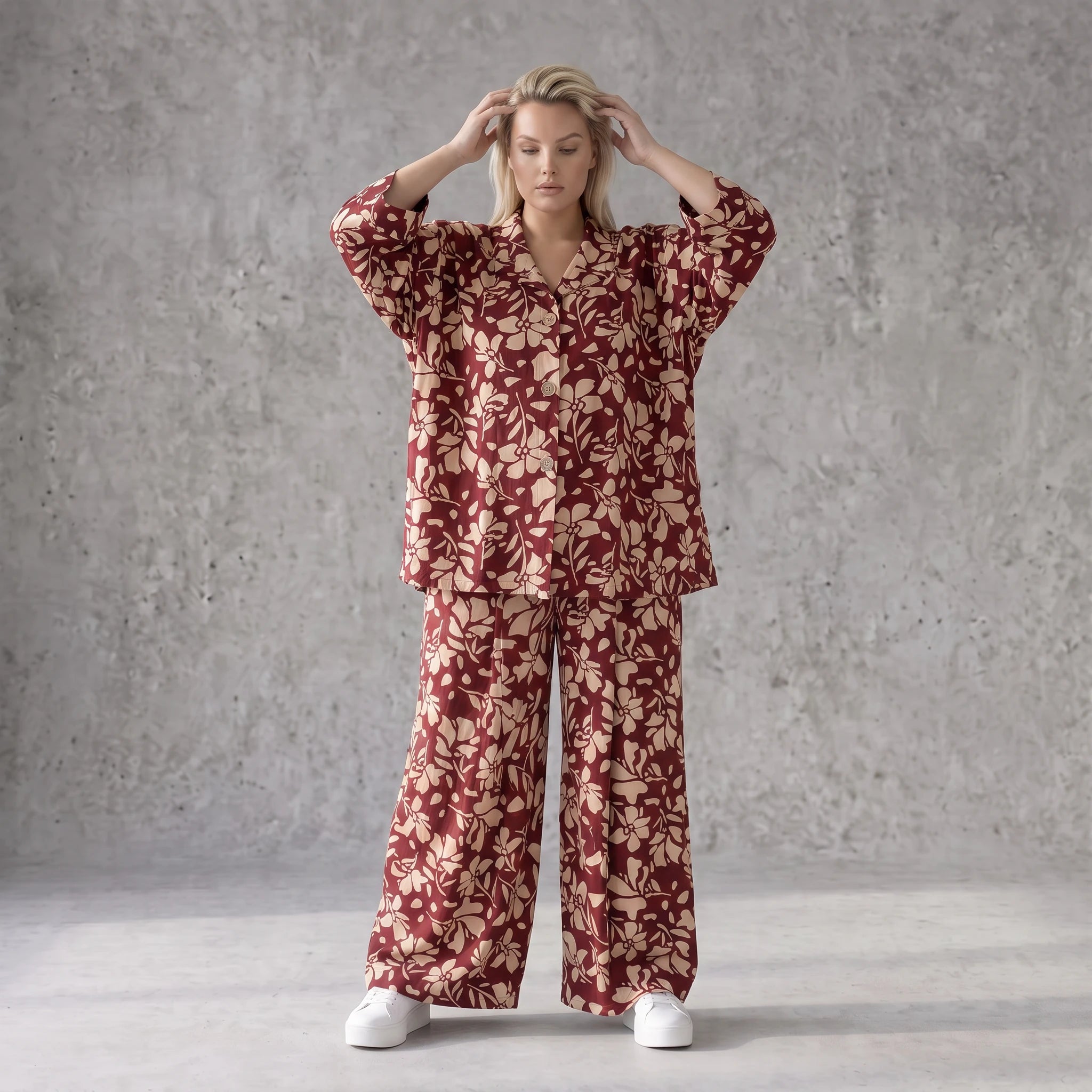 Damen Hose Avantgarde Viskose Weinrot/Rose, Ballonschnitt, Elastikbund, Oversize große Größen – AKH Fashion