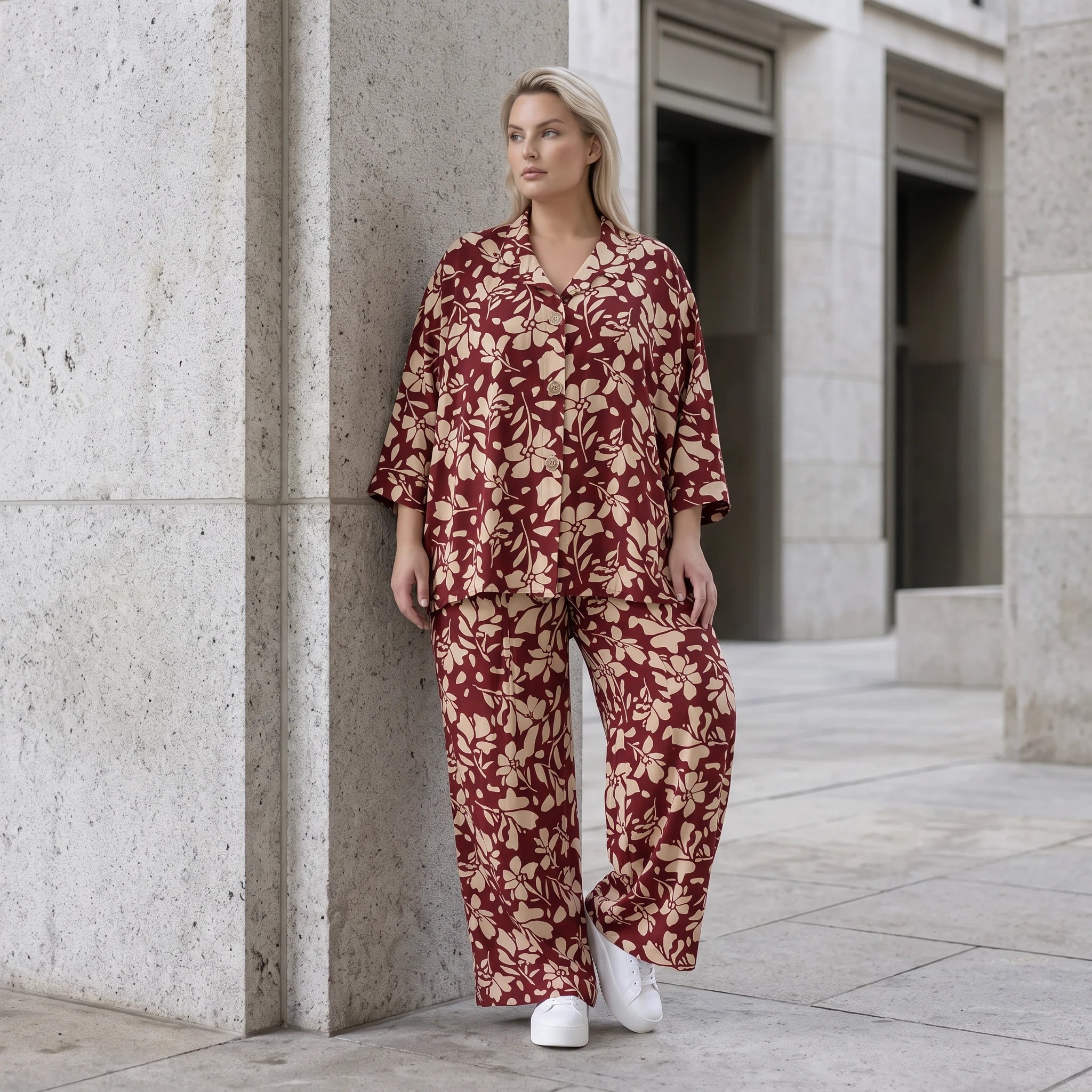 Damen Hose Avantgarde Viskose Weinrot/Rose, Ballonschnitt, Elastikbund, Oversize große Größen – AKH Fashion