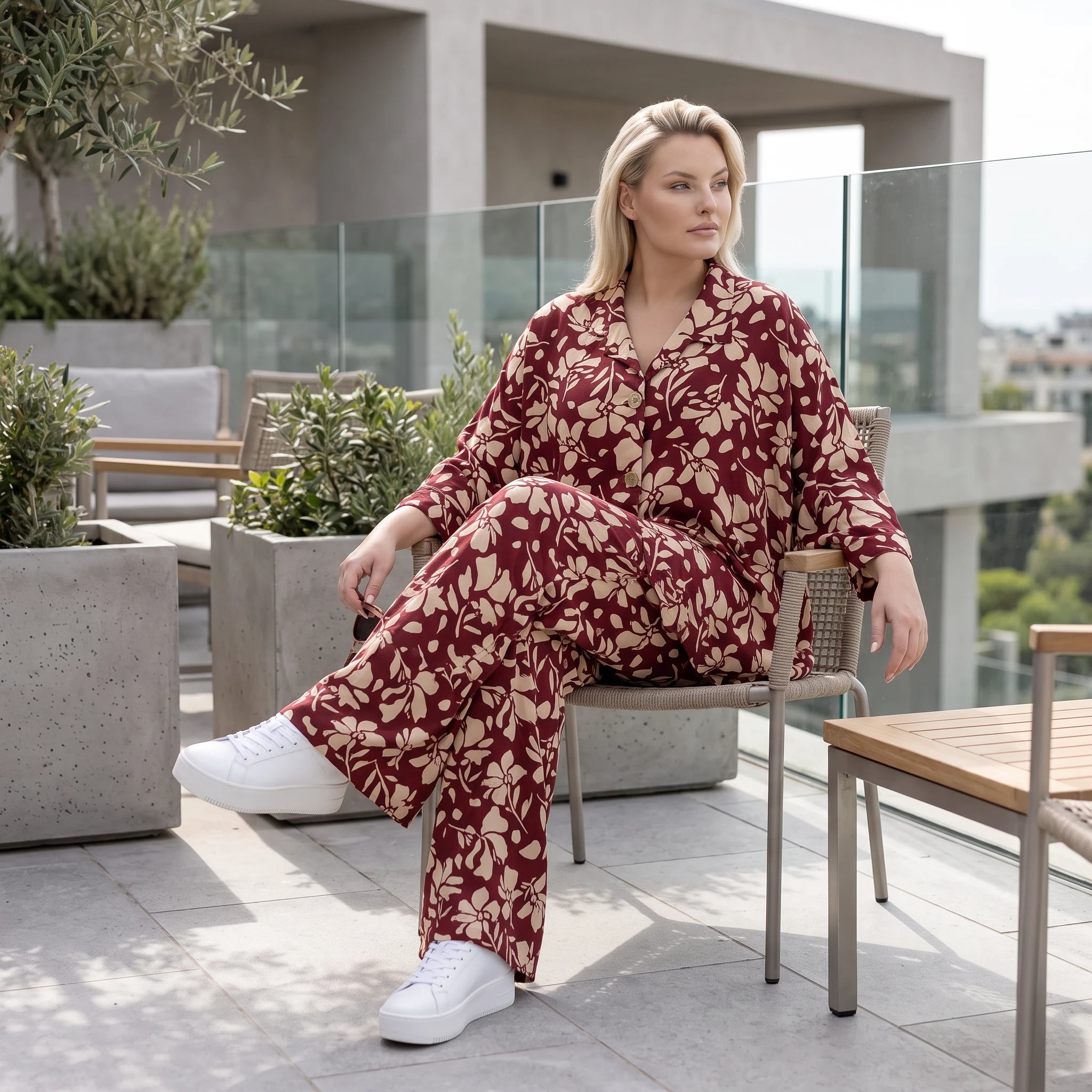 Damen Hose Avantgarde Viskose Weinrot/Rose, Ballonschnitt, Elastikbund, Oversize große Größen – AKH Fashion