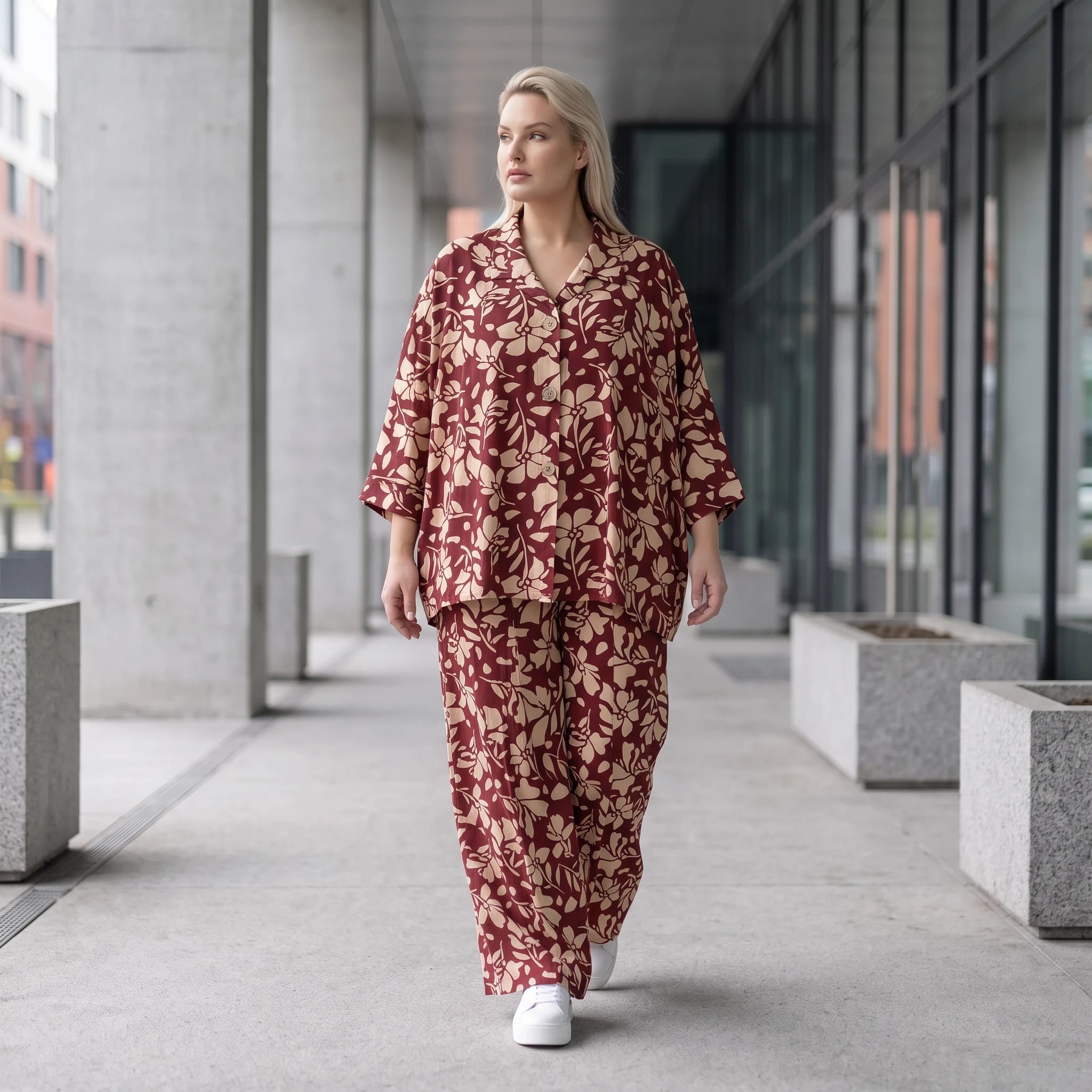 Damen Hose Avantgarde Viskose Weinrot/Rose, Ballonschnitt, Elastikbund, Oversize große Größen – AKH Fashion