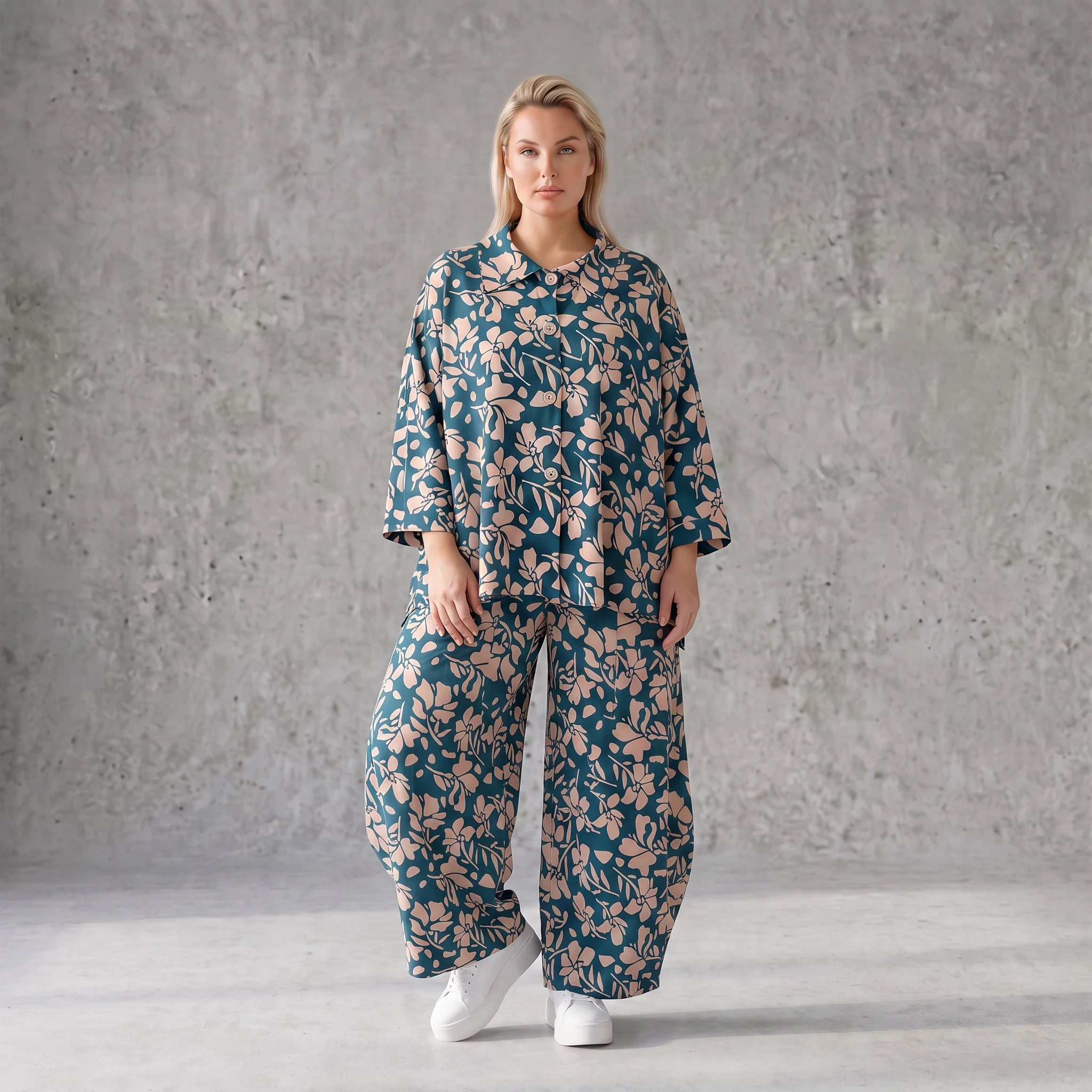 Damen Hose Avantgarde Viskose Petrol/Rose, Ballonschnitt, Elastikbund, Oversize große Größen – AKH Fashion