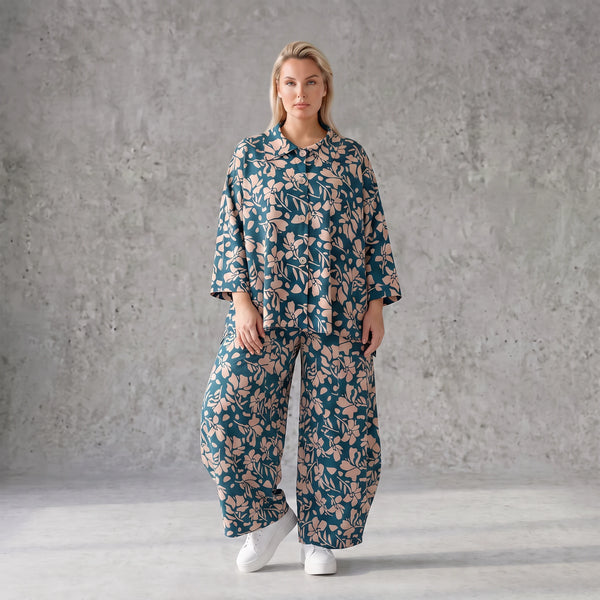 Damen Hose Avantgarde Viskose Petrol/Rose, Ballonschnitt, Elastikbund, Oversize große Größen – AKH Fashion