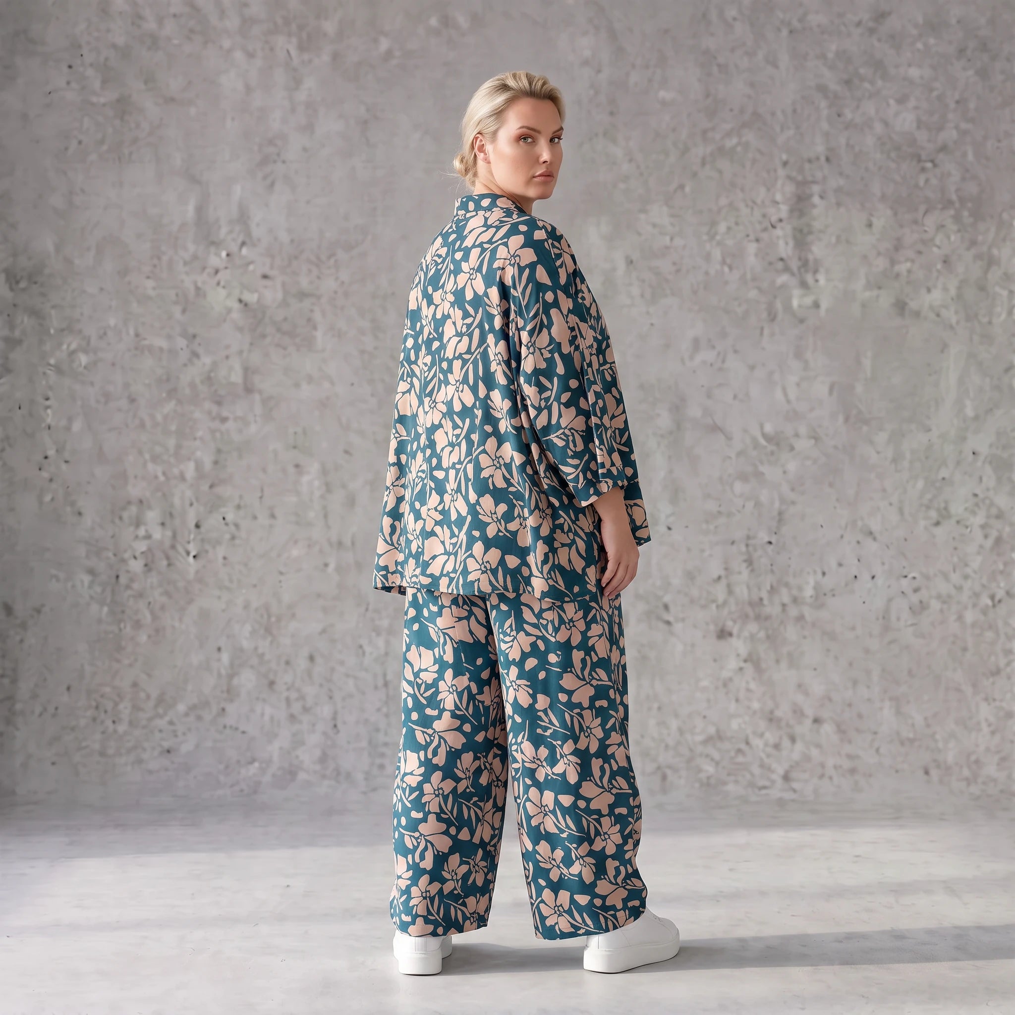 Damen Hose Avantgarde Viskose Petrol/Rose, Ballonschnitt, Elastikbund, Oversize große Größen – AKH Fashion