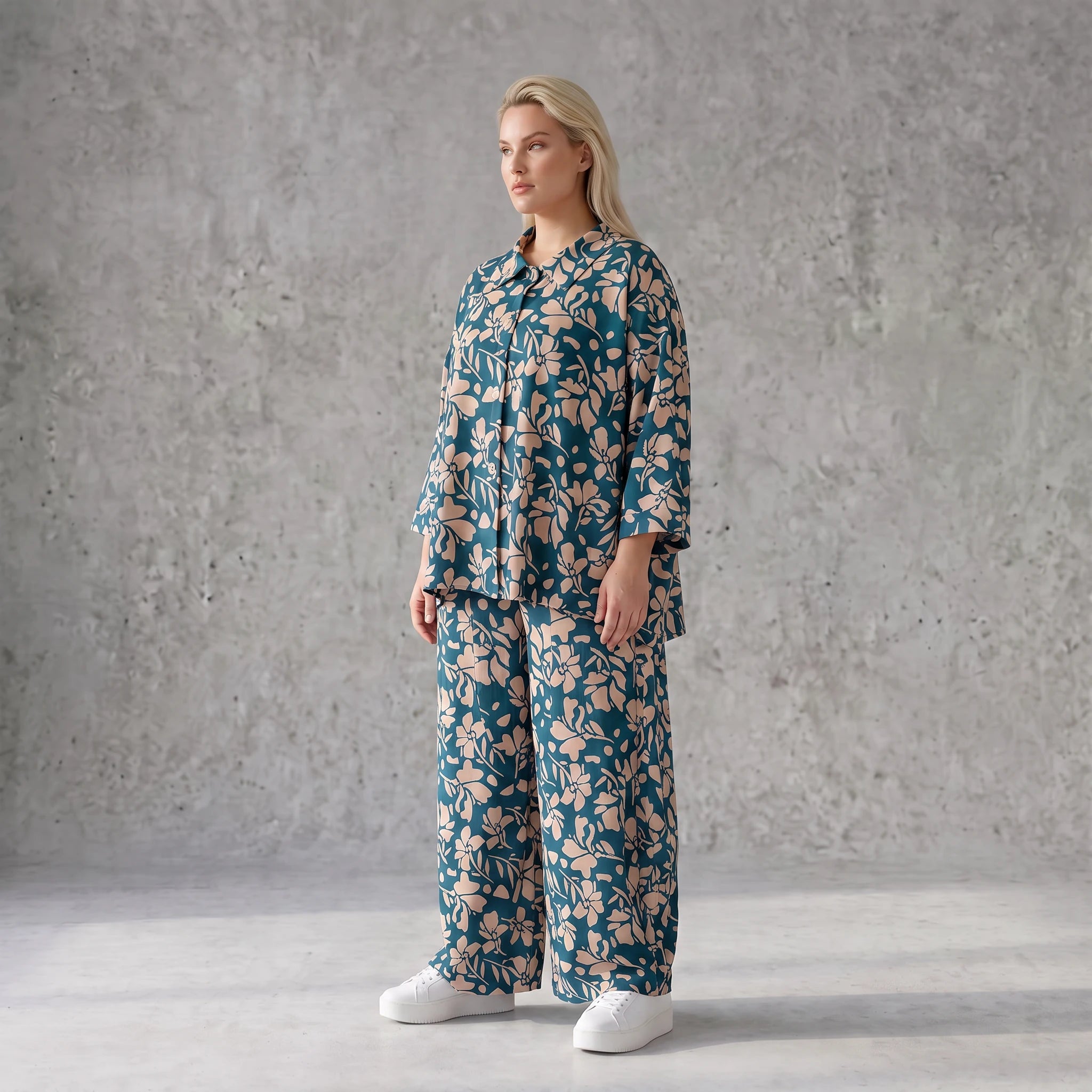 Damen Hose Avantgarde Viskose Petrol/Rose, Ballonschnitt, Elastikbund, Oversize große Größen – AKH Fashion