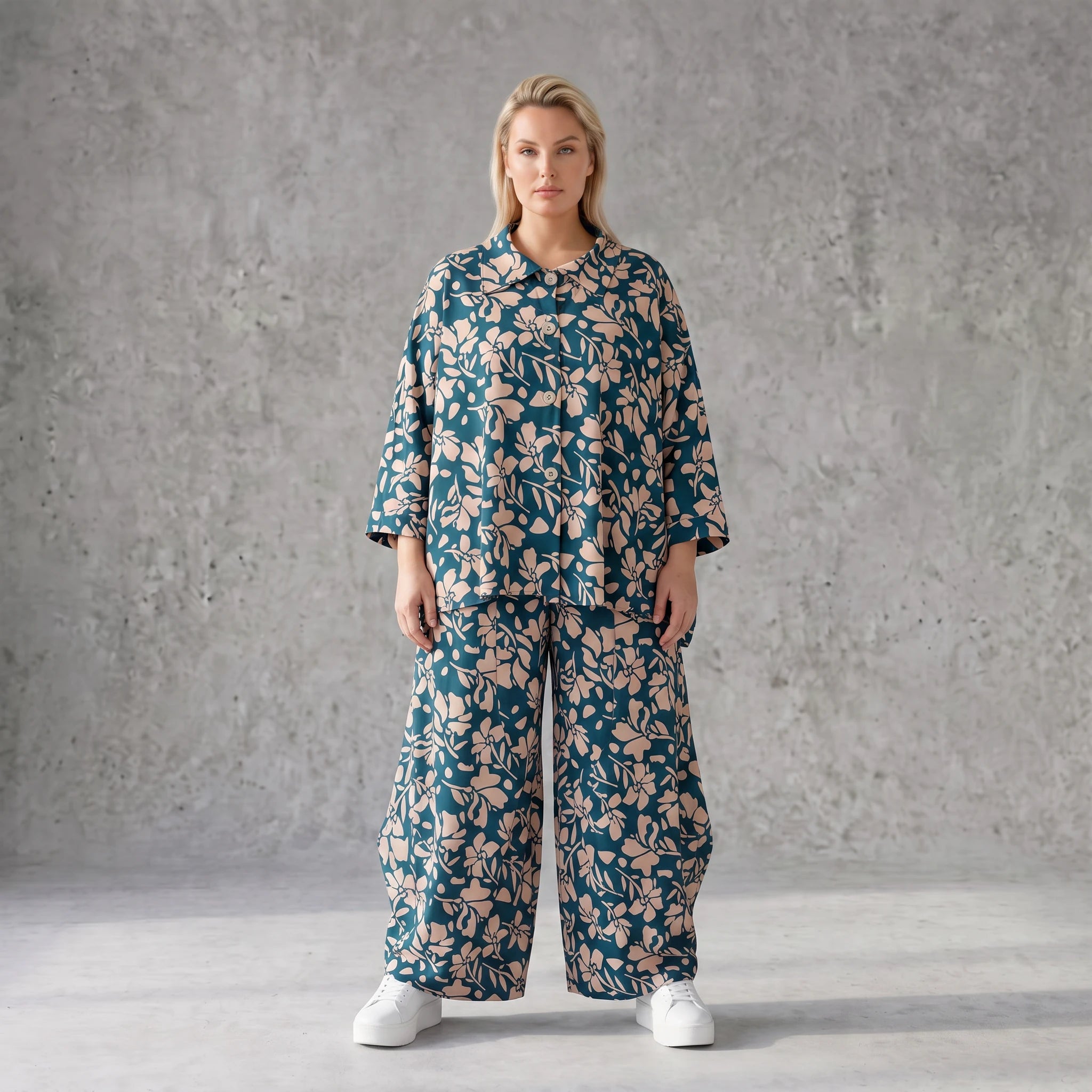 Damen Hose Avantgarde Viskose Petrol/Rose, Ballonschnitt, Elastikbund, Oversize große Größen – AKH Fashion