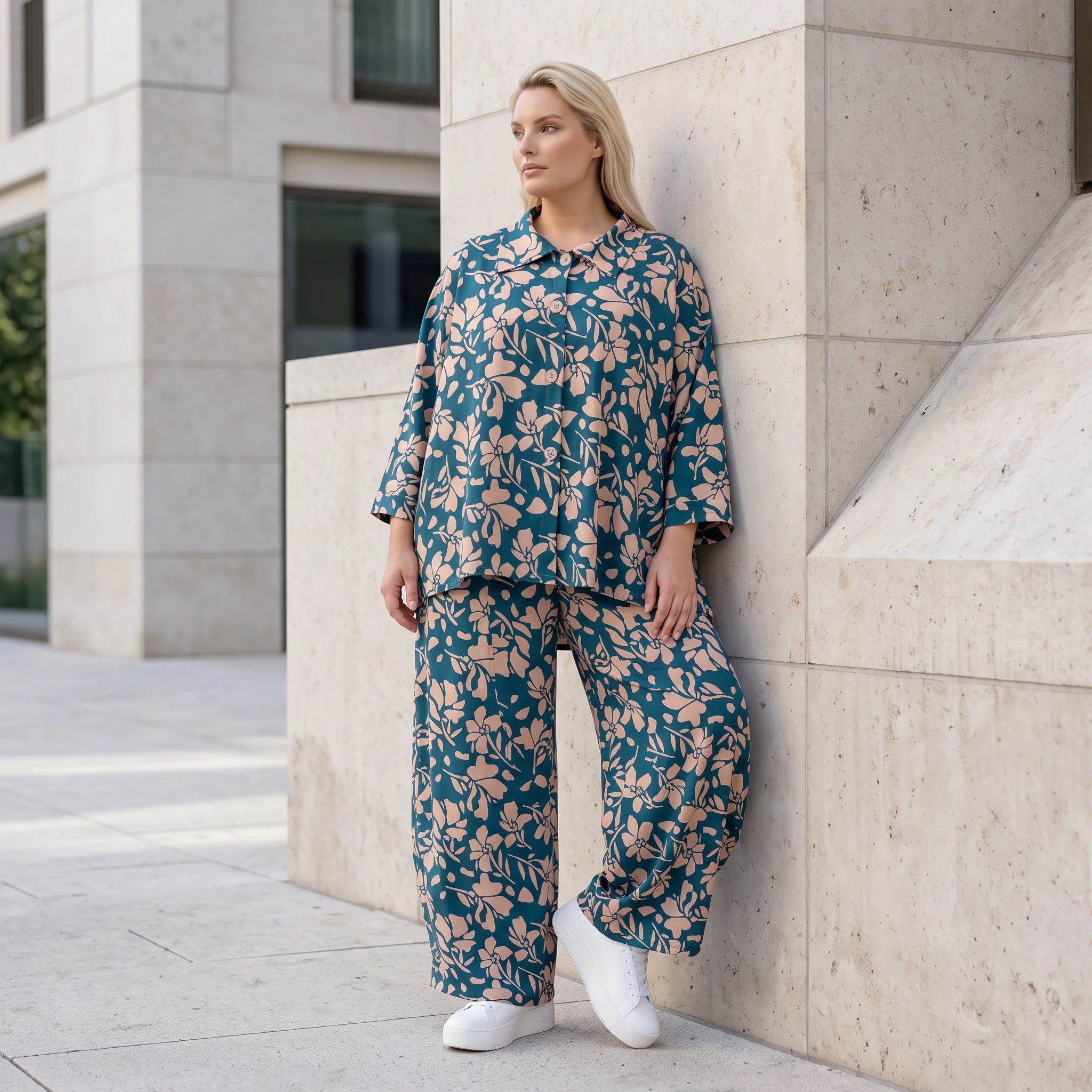 Damen Hose Avantgarde Viskose Petrol/Rose, Ballonschnitt, Elastikbund, Oversize große Größen – AKH Fashion