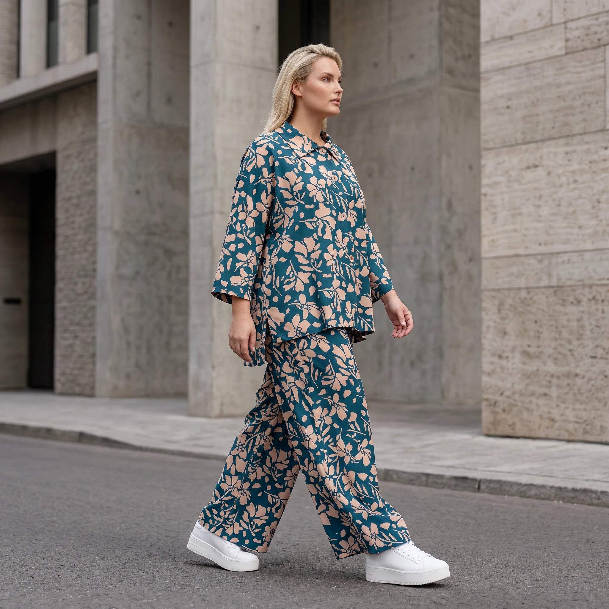 Damen Hose Avantgarde Viskose Petrol/Rose, Ballonschnitt, Elastikbund, Oversize große Größen – AKH Fashion