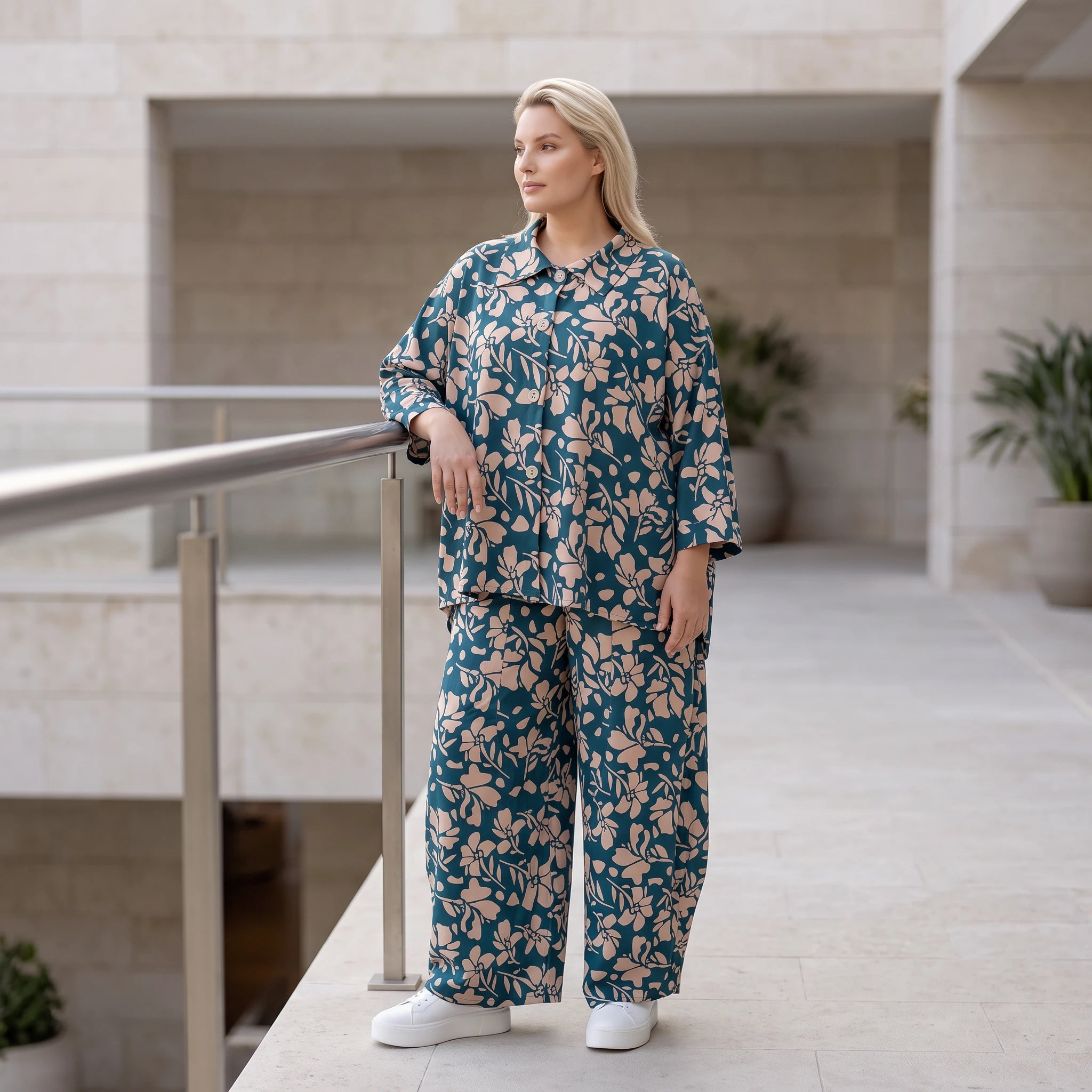 Damen Hose Avantgarde Viskose Petrol/Rose, Ballonschnitt, Elastikbund, Oversize große Größen – AKH Fashion