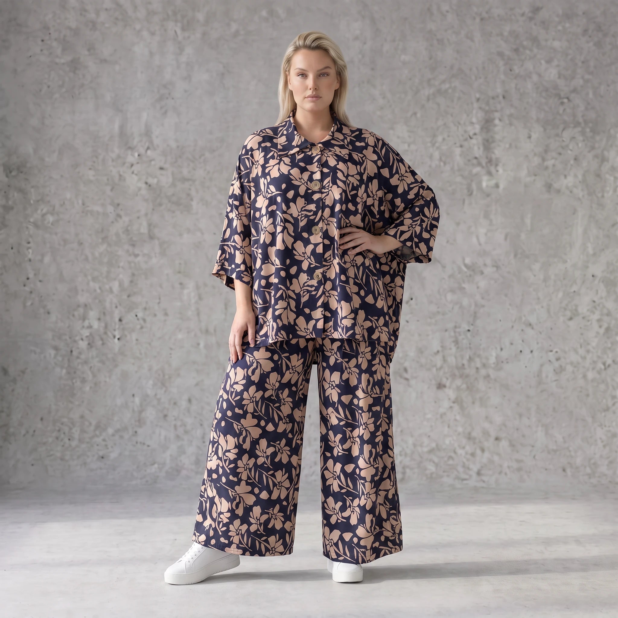 Damen Hose Avantgarde Viskose Marine/Rose, Ballonschnitt, Elastikbund, Oversize große Größen – AKH Fashion